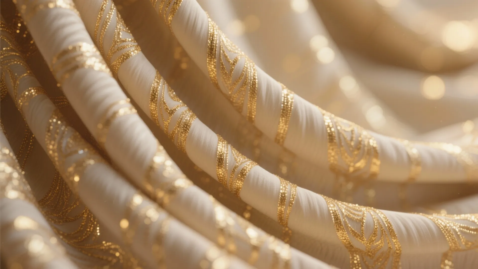 Close up view of elegant white fabric with shiny gold patterns and soft light details