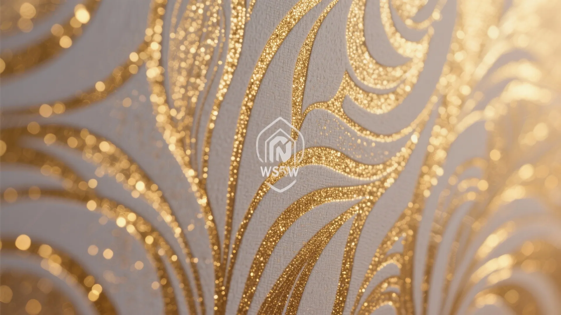 Close-up of gold-thread metallic accent wallpaper under warm light