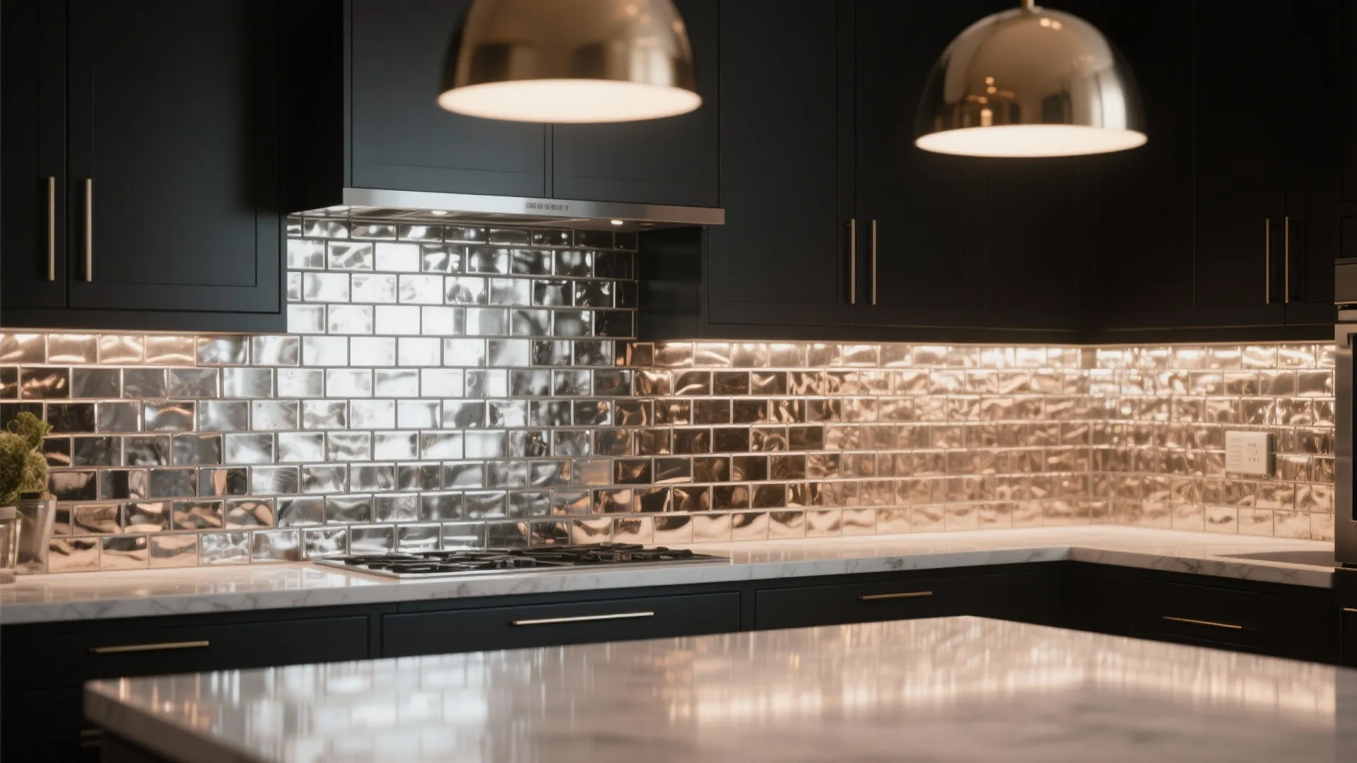 Modern kitchen with dark cabinets shiny gold wall tiles marble countertop and two gold lights