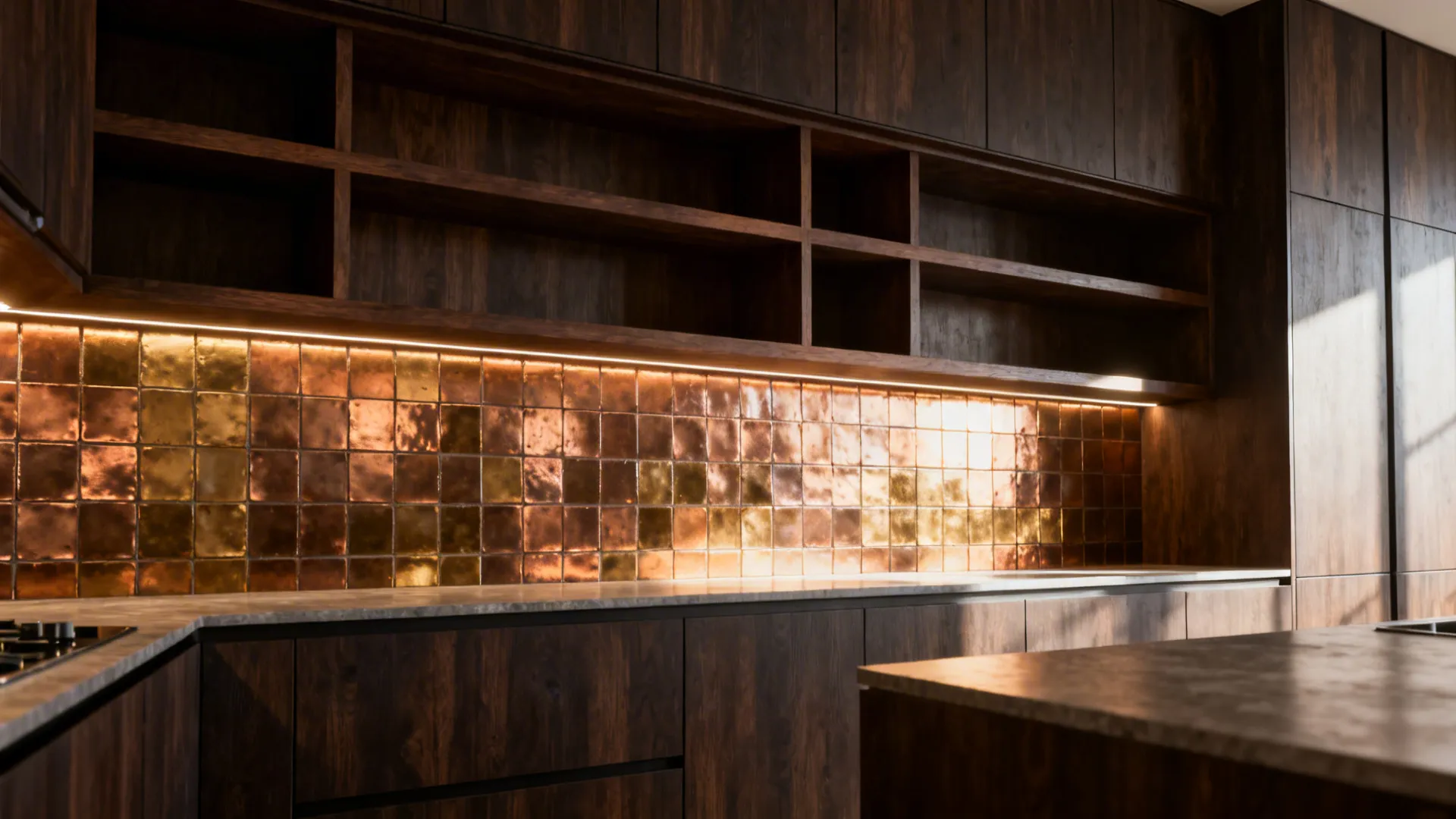 Warm bronze metallic tiles reflecting light behind dark cabinets to visually expand the kitchen