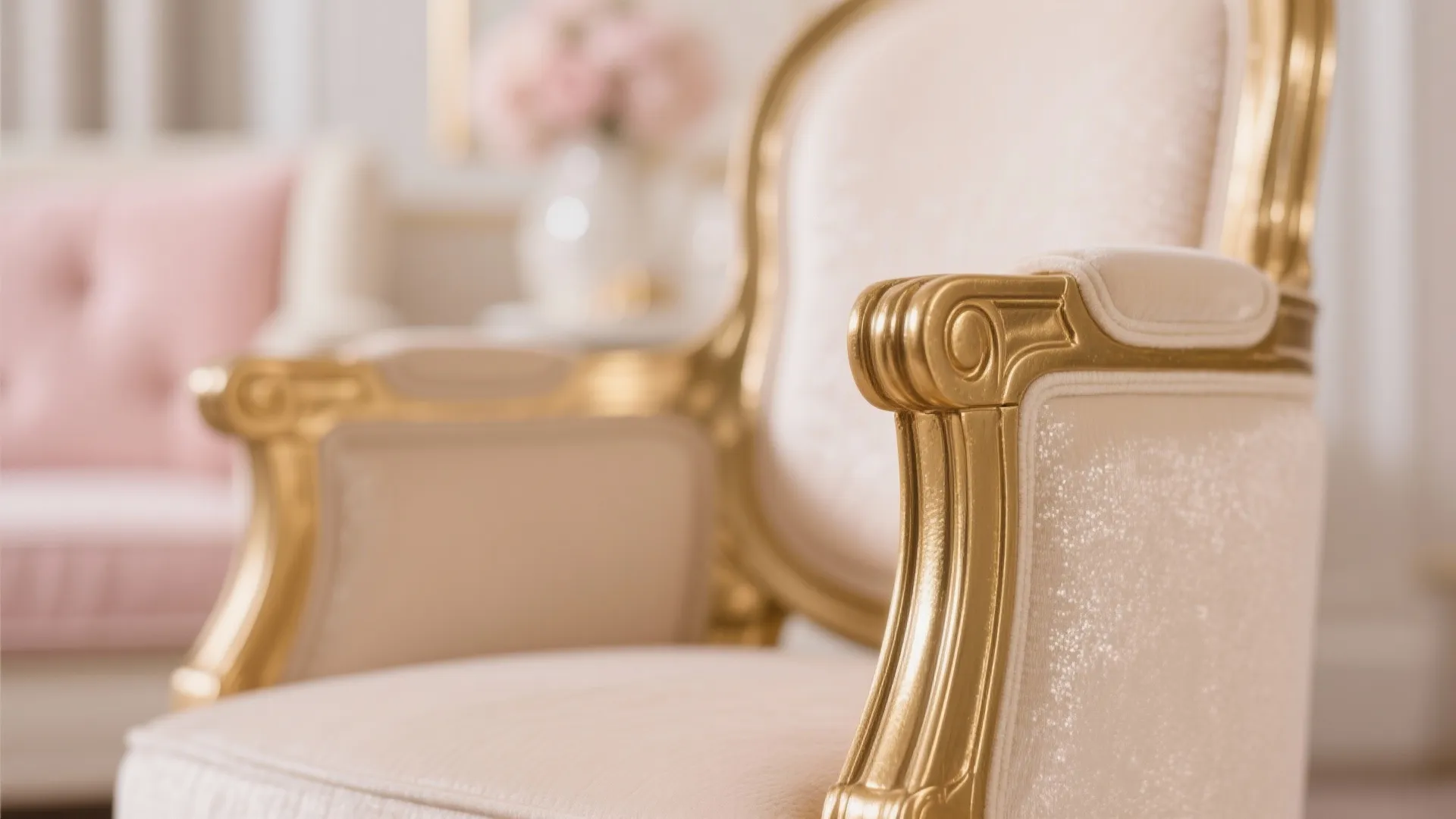 Close up of a white chair with gold metal trim and soft pink background colors