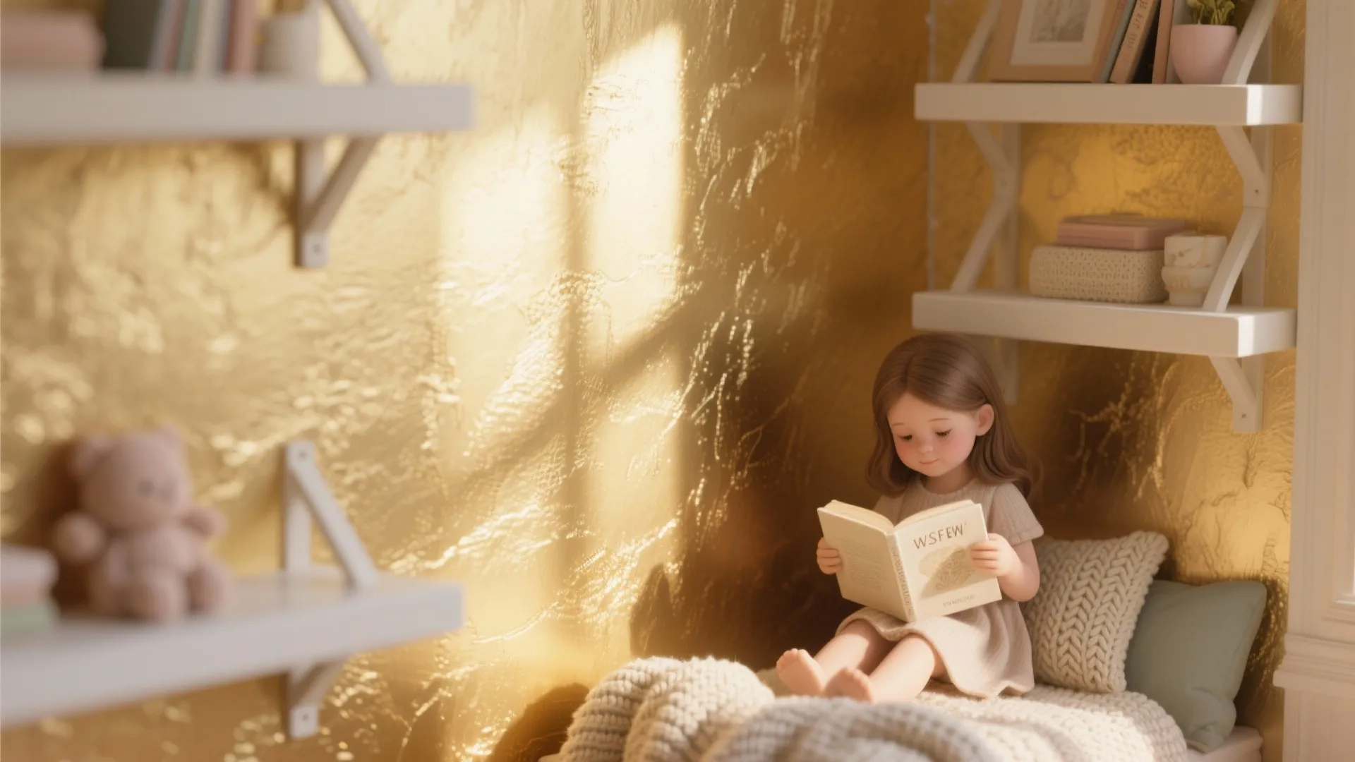 Small girl reading a book on a cozy bed with gold wall and white shelves
