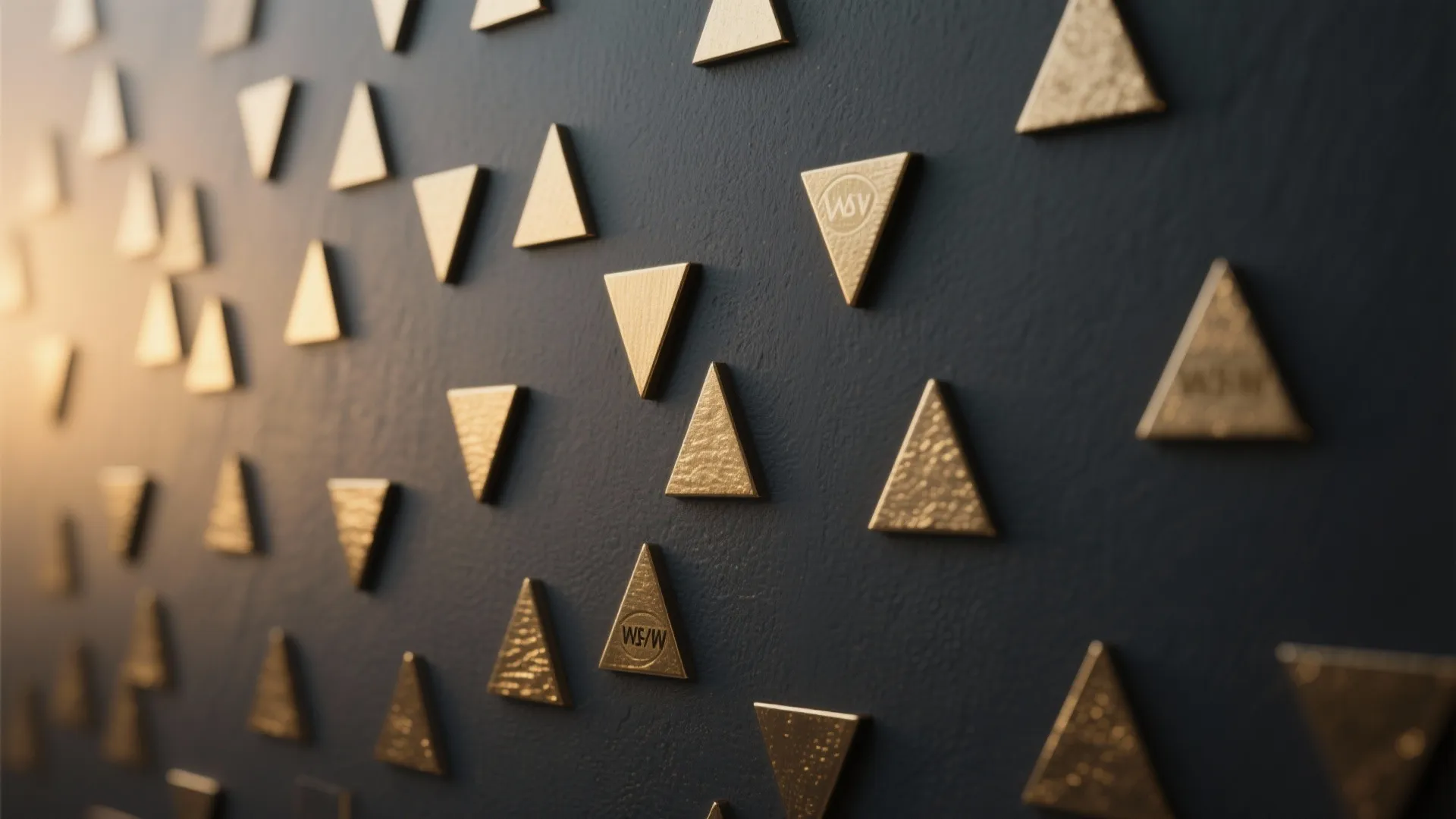 Dark textured wall decorated with many small gold metallic triangle pieces in a repeating pattern