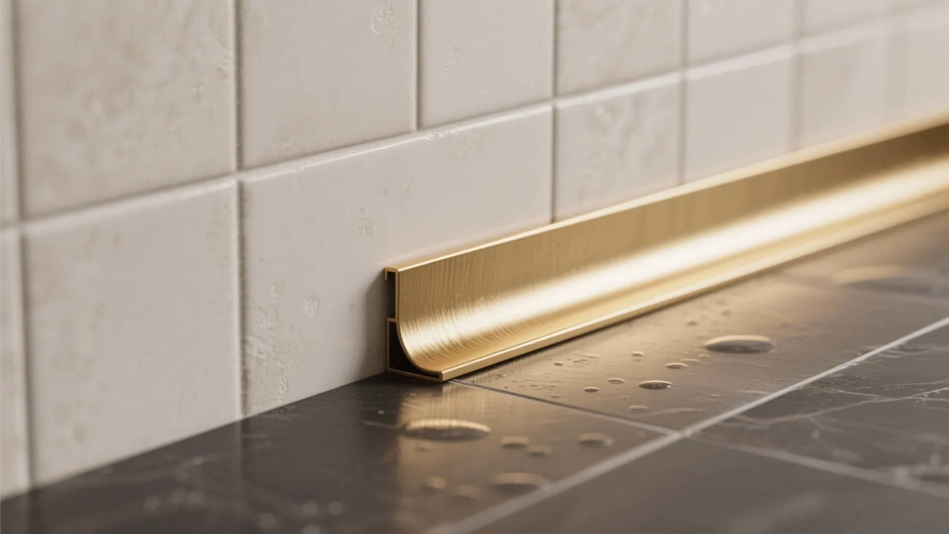 Gold metal trim piece placed between white square wall tiles and dark marble style floor surface