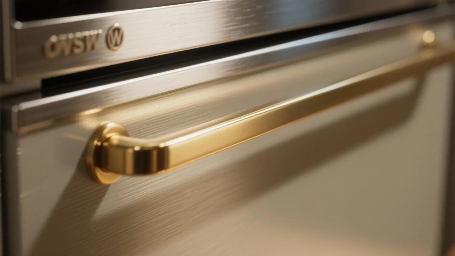 Close up of gold handle on metallic kitchen drawer showing shiny finish and modern design