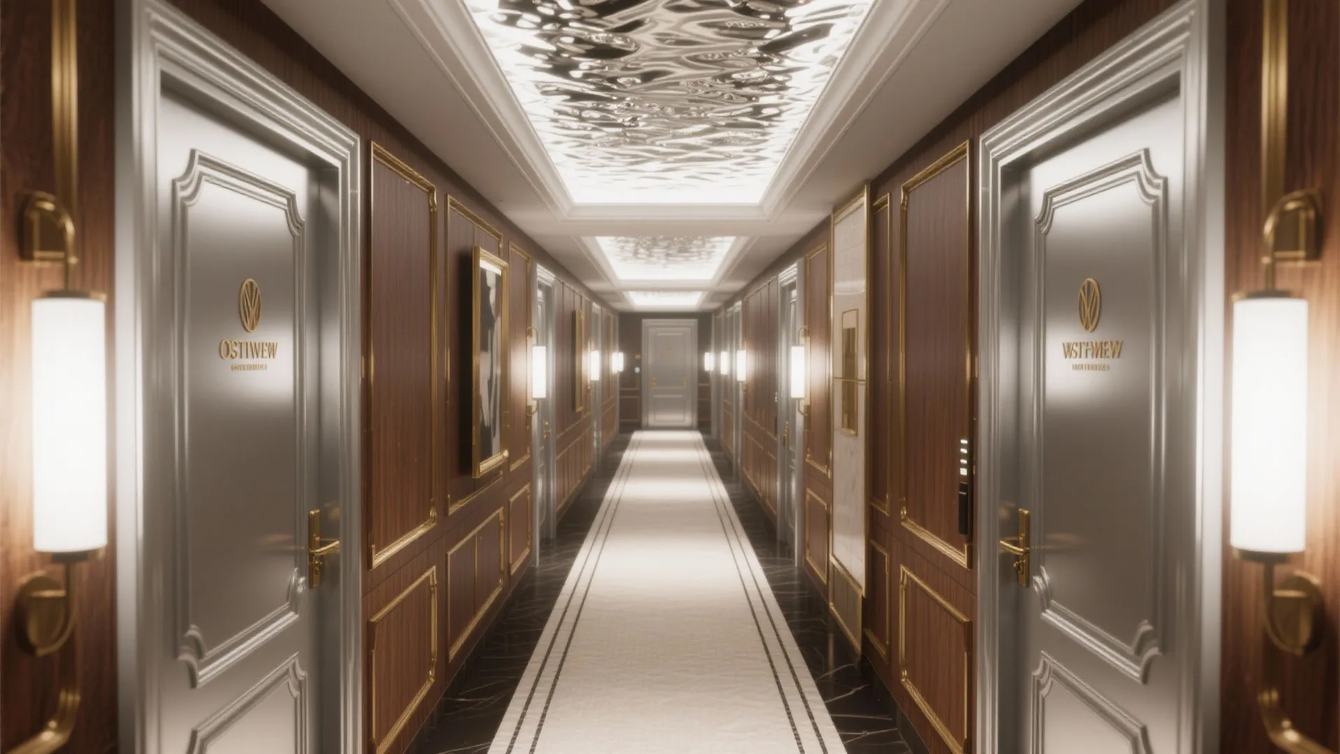 Luxury hallway with wood wall panel silver doors gold trim white carpet and wall lights