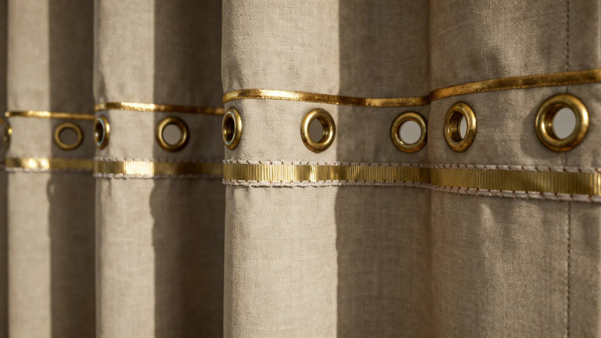 Close up of beige fabric curtains decorated with horizontal gold metallic trim and circular metal rings