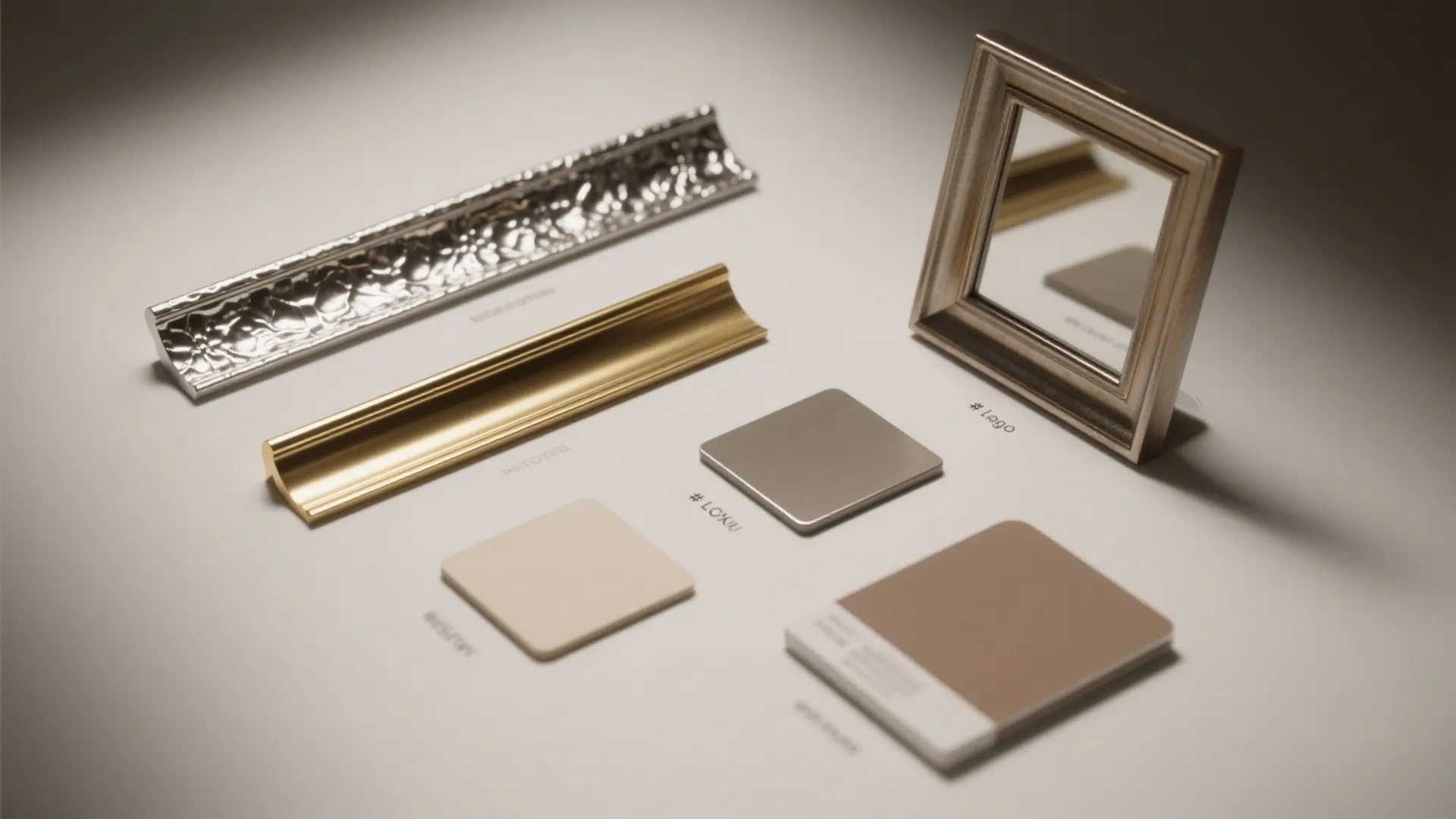 Flatlay of metallic trim and sample boards including hammered nickel and brass swatches for accent planning.