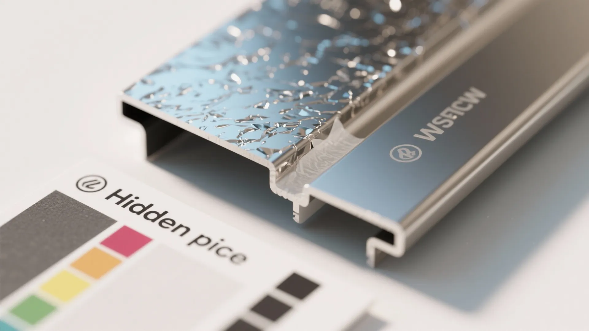 Close-up of metallic trim sample with sealed edges to prevent flaking.