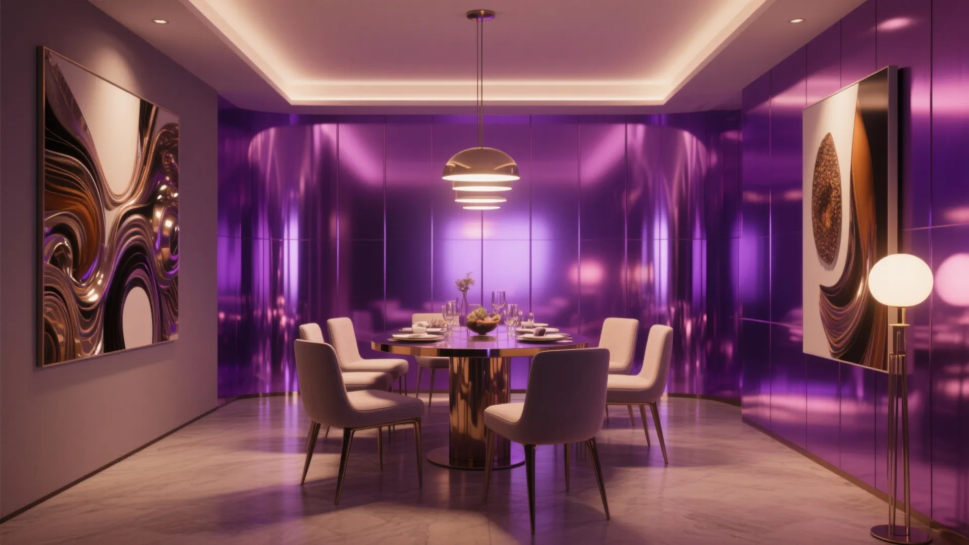 Modern dining room with round gold table white chairs shiny purple walls and hanging ceiling light