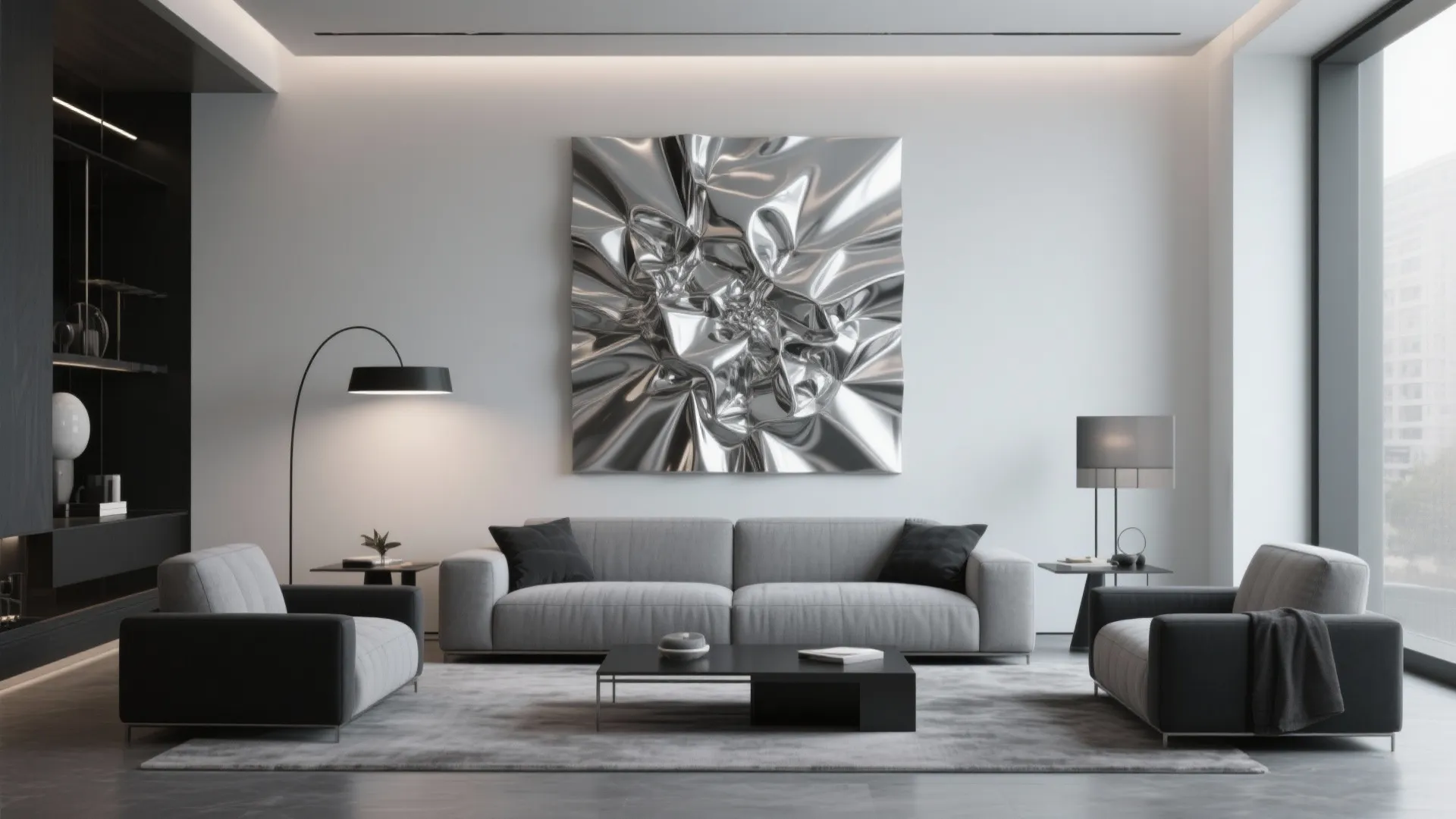 Brushed silver wall art above a sofa in a grey monochrome room