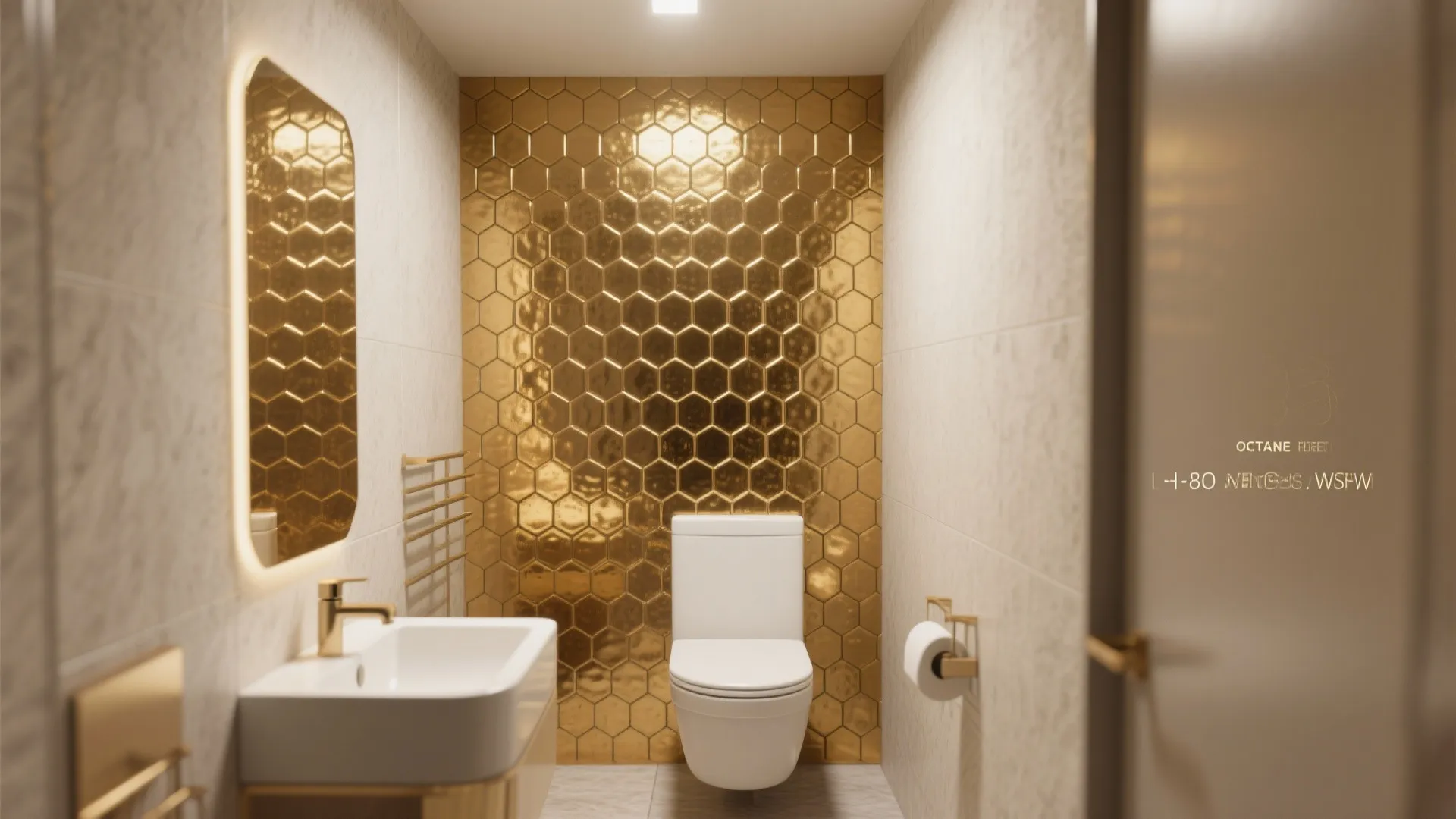 Luxury bathroom featuring gold hexagon wall tiles with white toilet sink and mirror with light