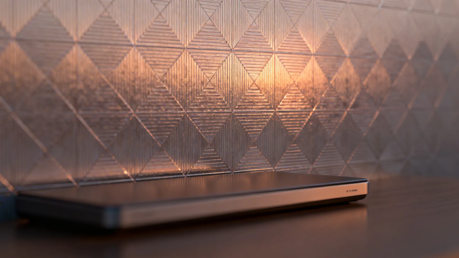 Close-up of subtle metallic geometric wallpaper catching warm evening light