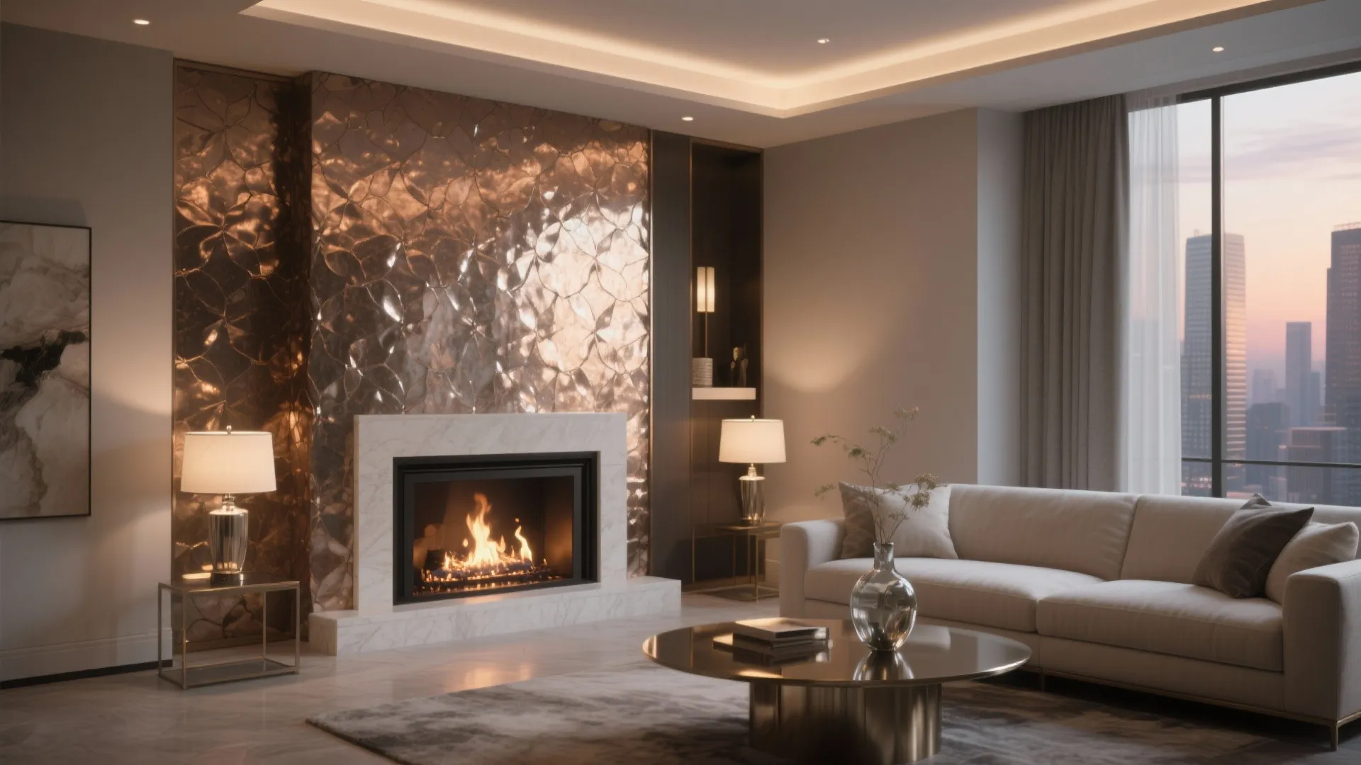 Modern living room featuring a warm fireplace with metallic wall paneling and a white sofa