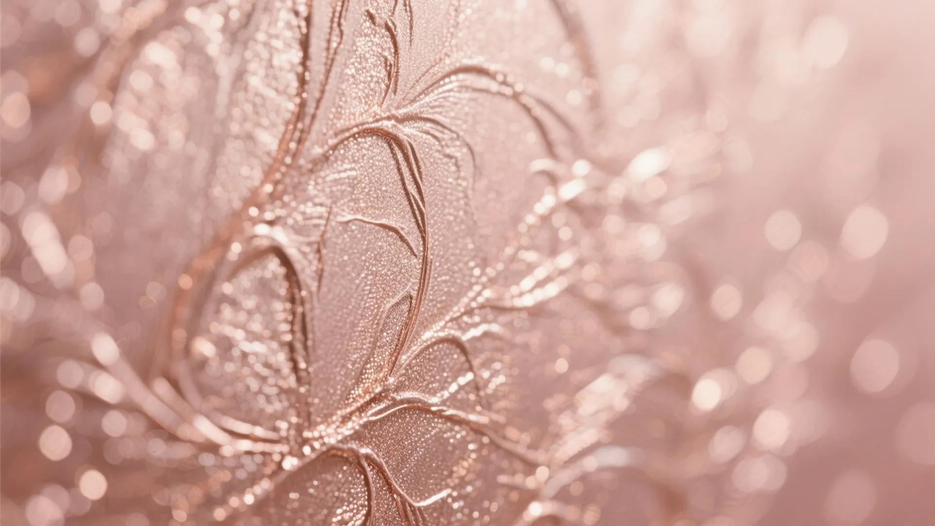 Close up of rose gold metallic wallpaper featuring elegant embossed floral pattern for modern wall decoration
