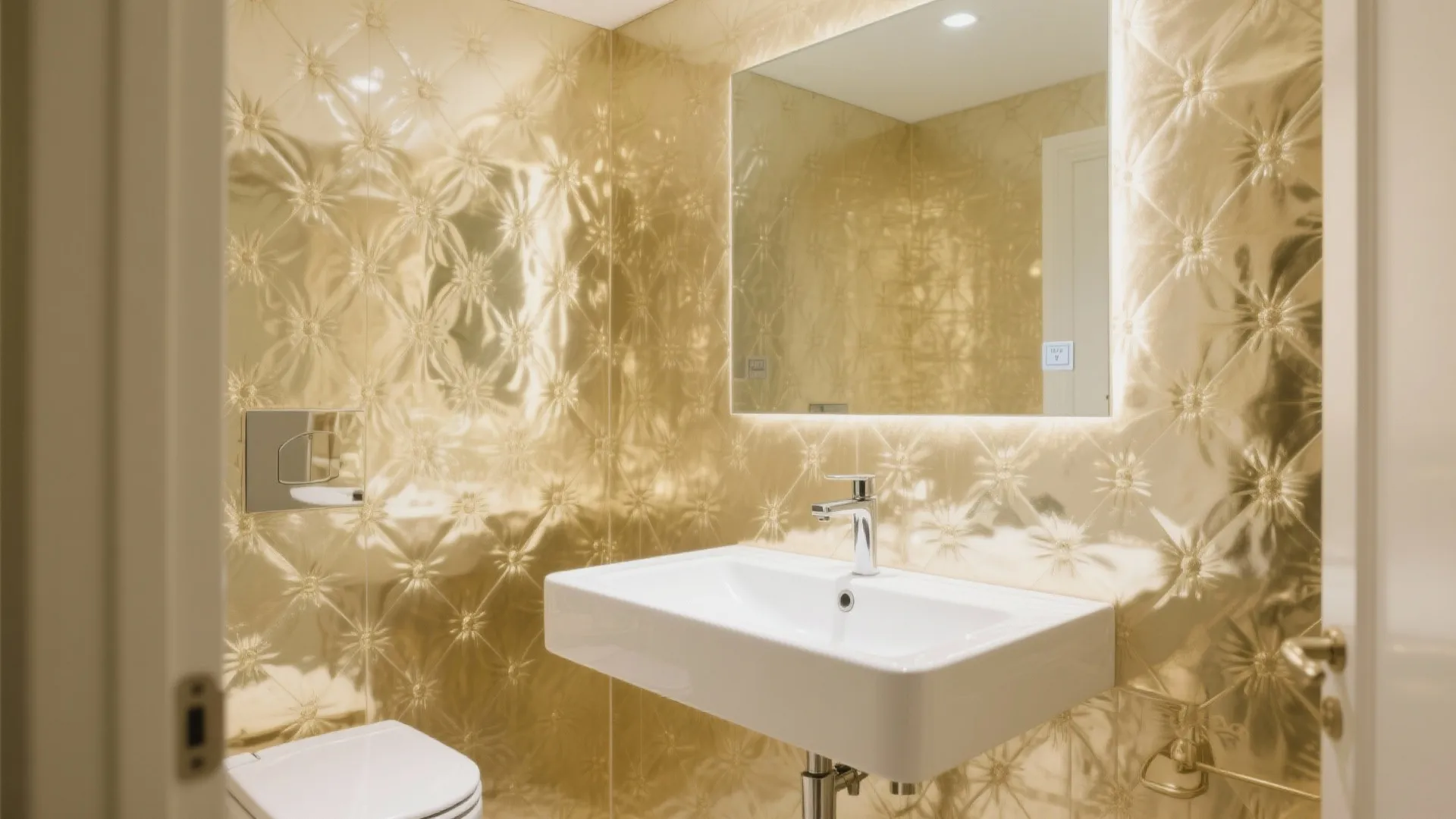 Modern bathroom with shiny gold textured wall tiles a white washbasin and a large mirror