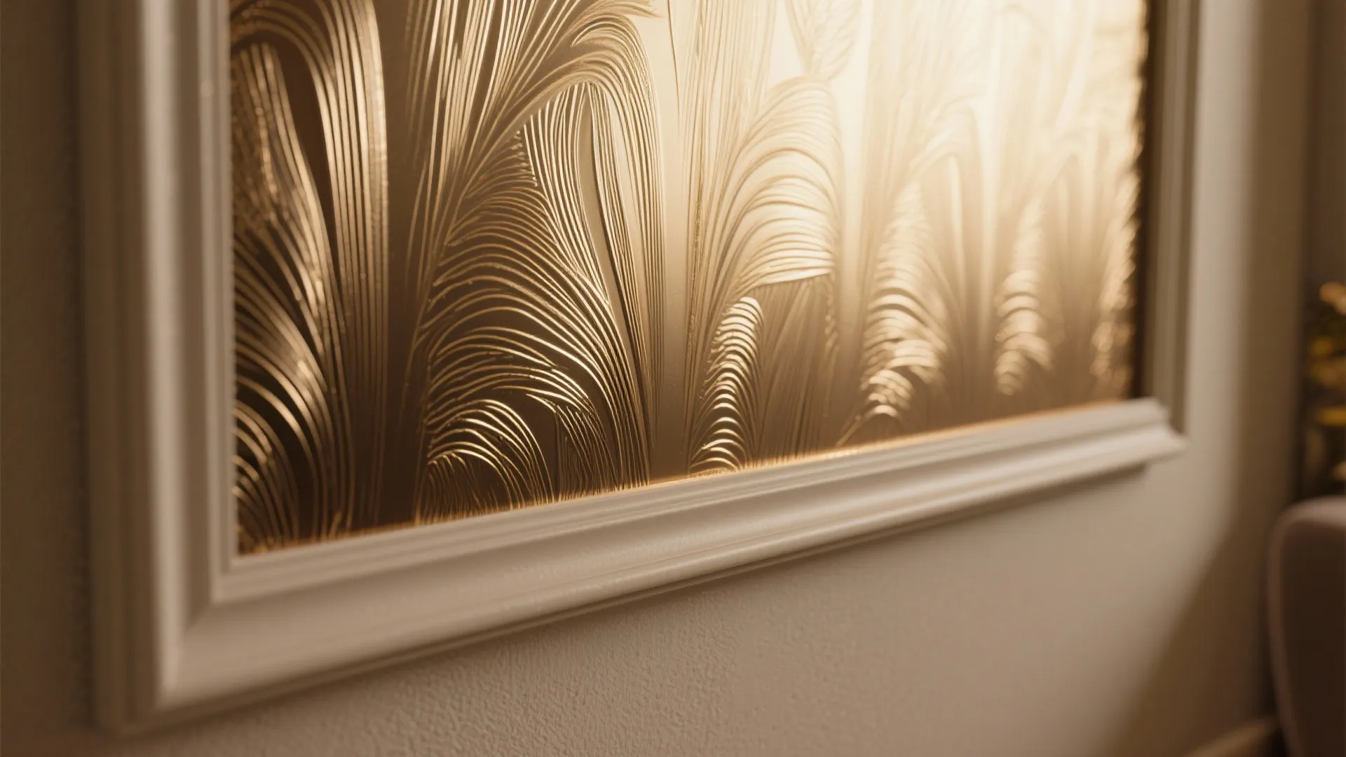 Close up of gold leaf pattern wall decoration with white frame and neutral colored wall