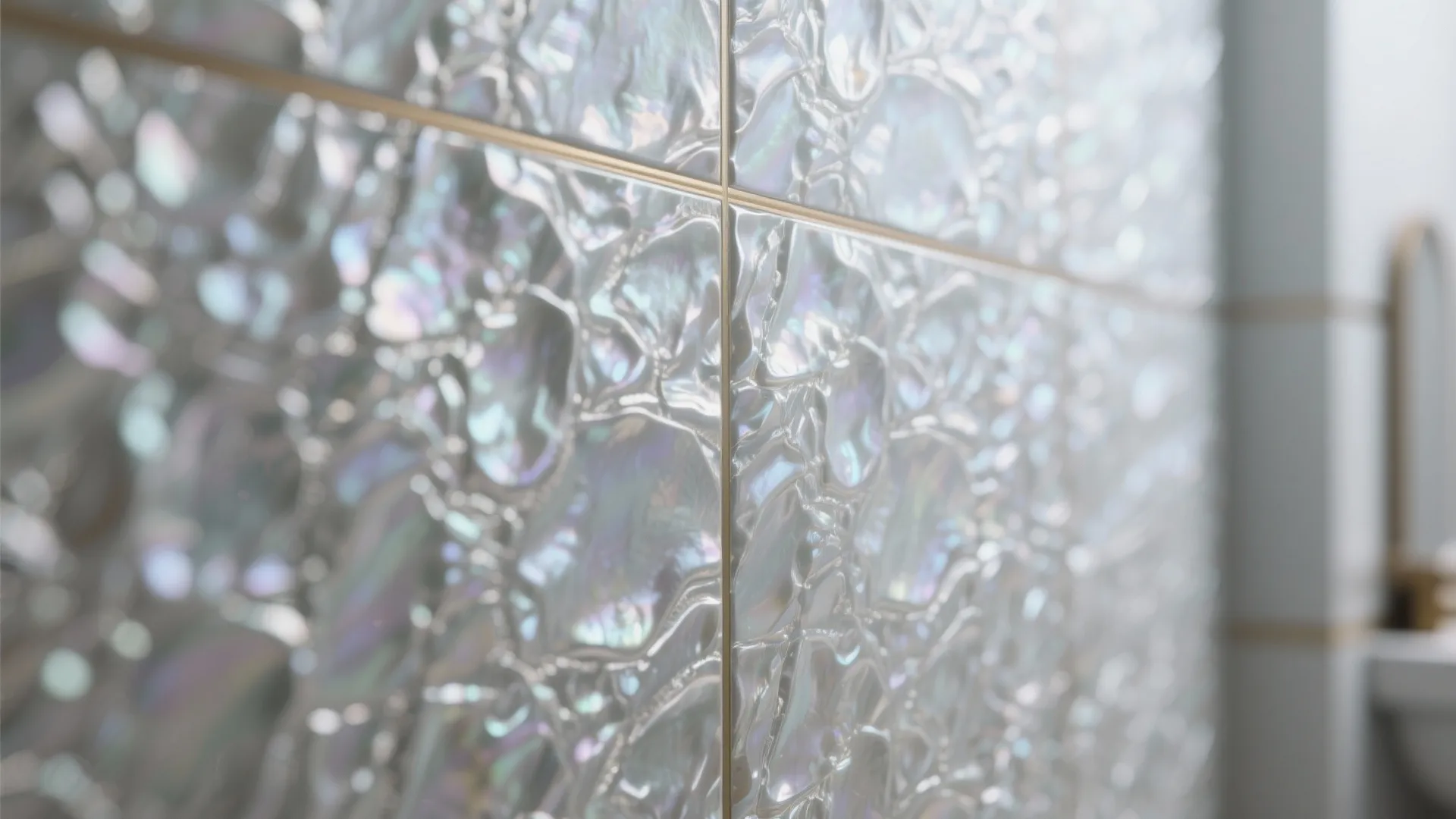 Close up of shiny silver wall tiles with textured surface and thin gold metal lines