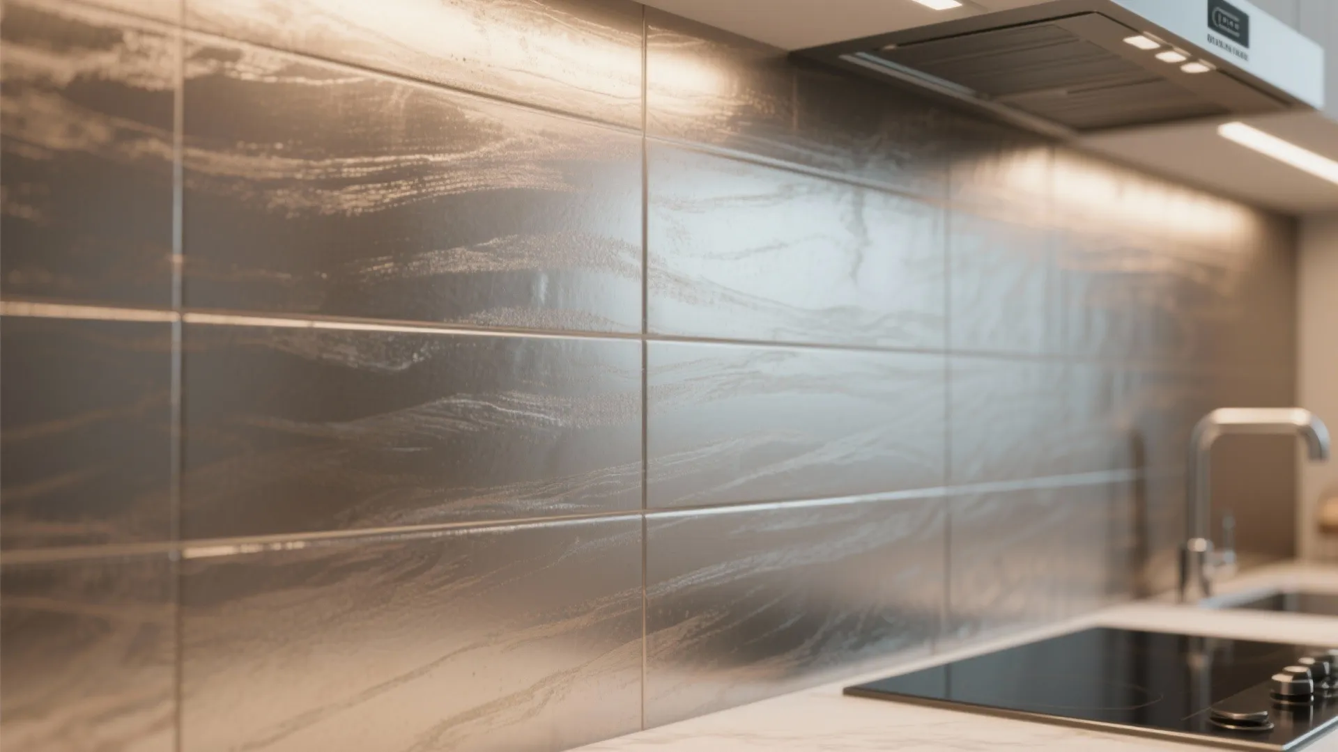 Close-up of a warm pewter metallic wash on a kitchen accent wall with subtle shimmer.