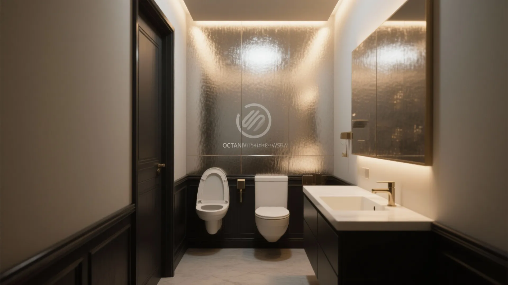 Modern bathroom with metallic wall panel, white toilet, dark wood cabinet, and warm light fixture