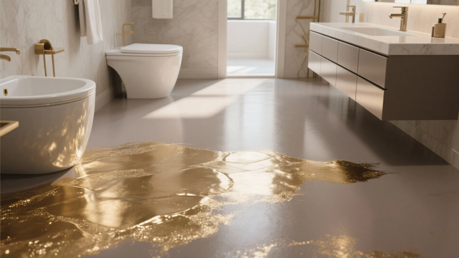 Luxury bathroom showing shiny gold liquid floor finish with white toilet cabinet and gold fixtures