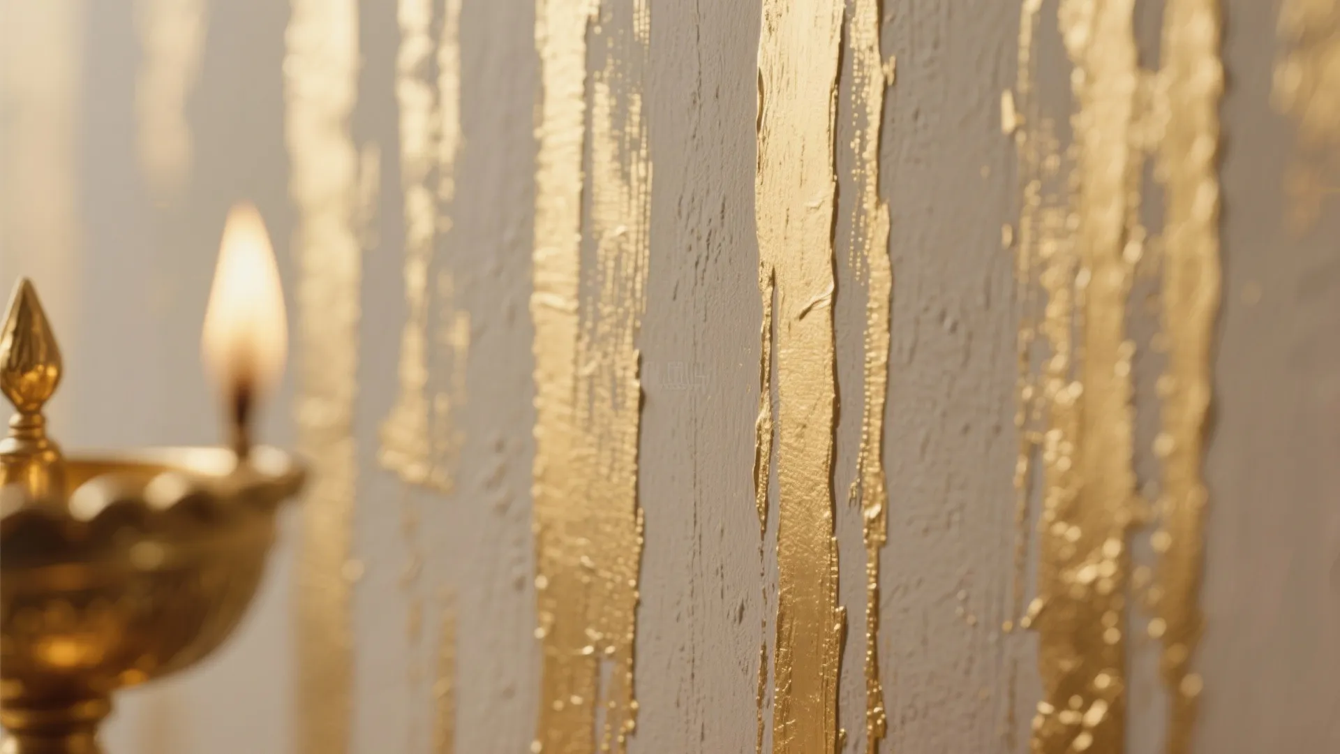 Close-up of muted gold metallic glaze with vertical brush texture under warm light.