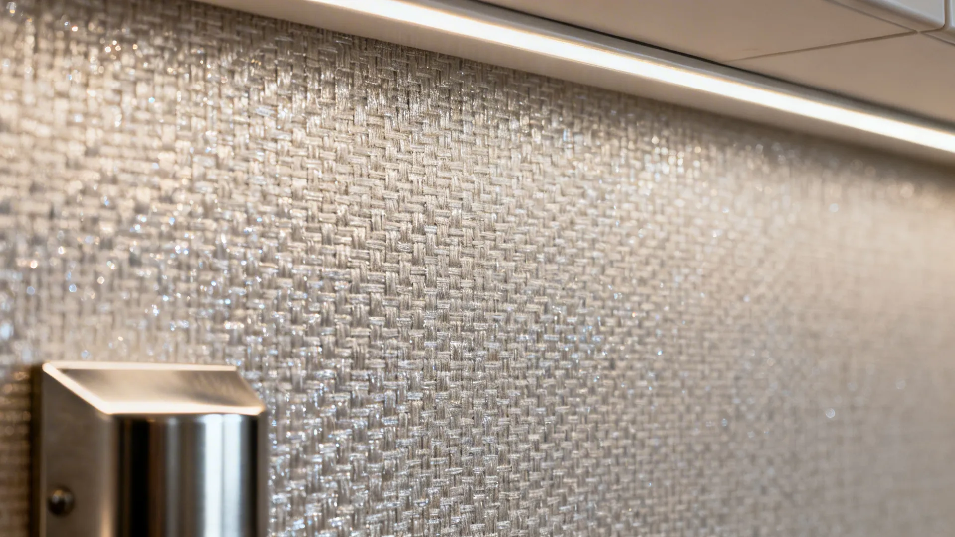 Macro of metallic-weave 3D wallpaper under LED task light showing fine emboss and soft sheen.