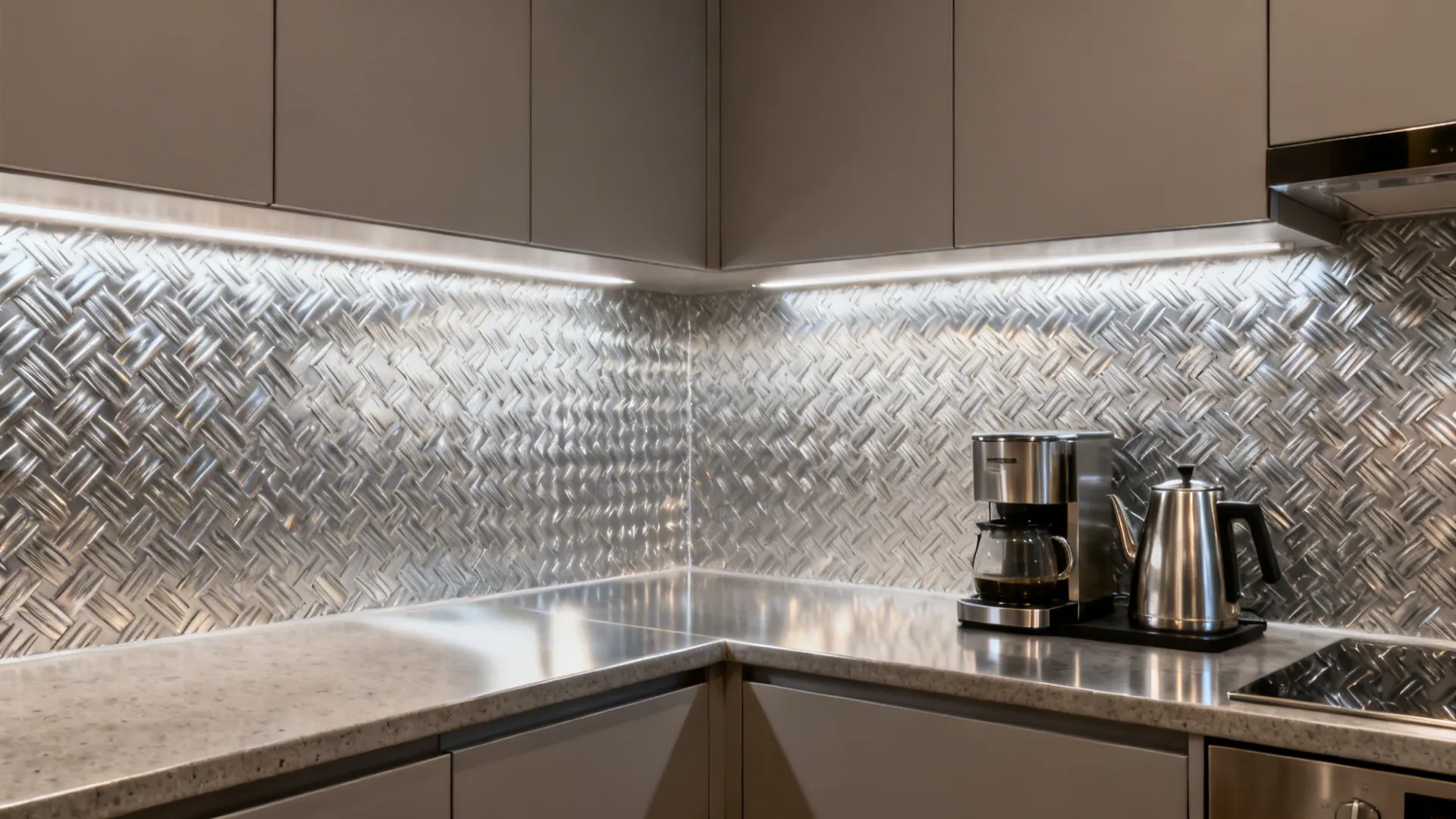 Windowless pantry kitchen with metallic-weave 3D wallpaper reflecting soft task lighting near a coffee station.