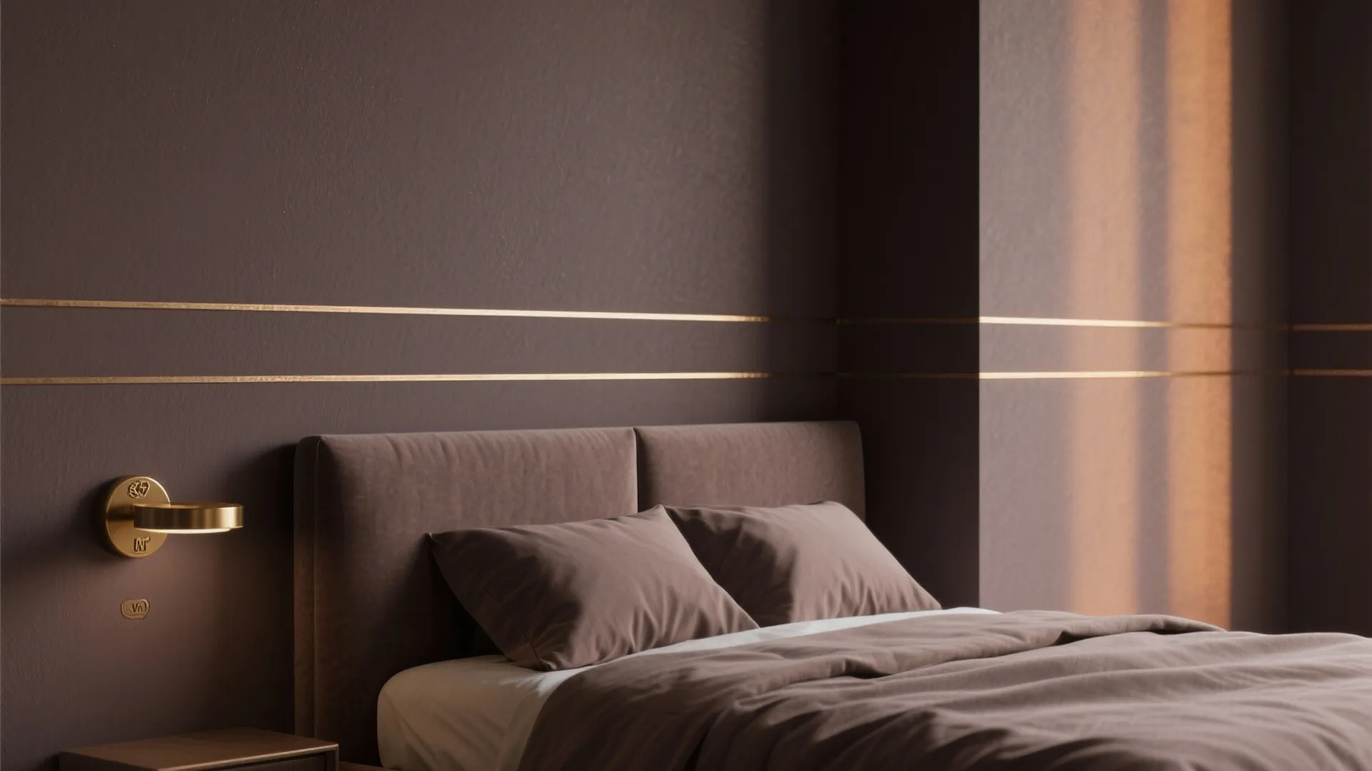 Dark brown bedroom wall with gold metal stripes next to soft bed and gold light