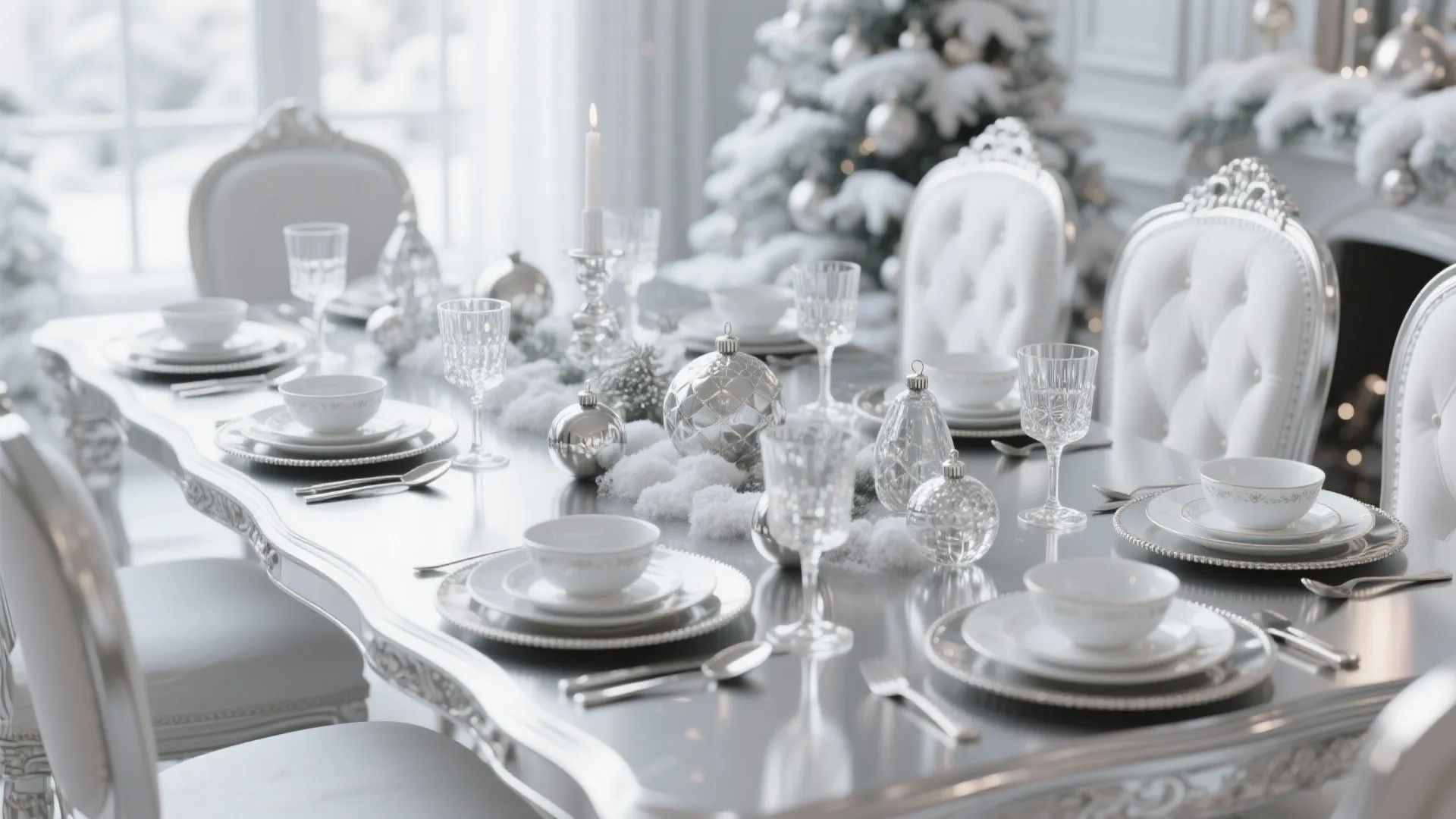 White and silver monochrome Christmas table setting