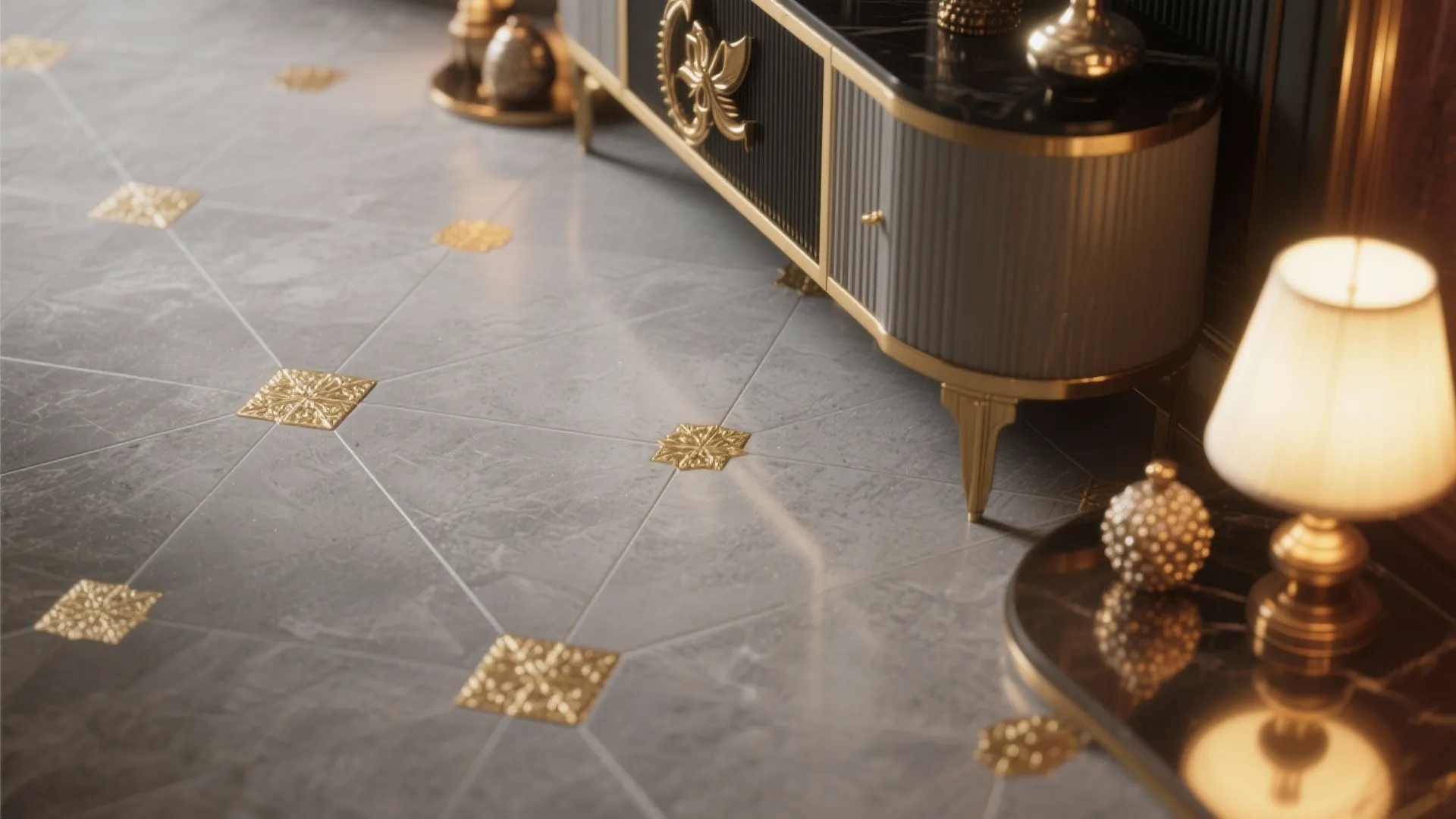 Luxury gray floor tiles with gold patterns next to a black cabinet and table lamp
