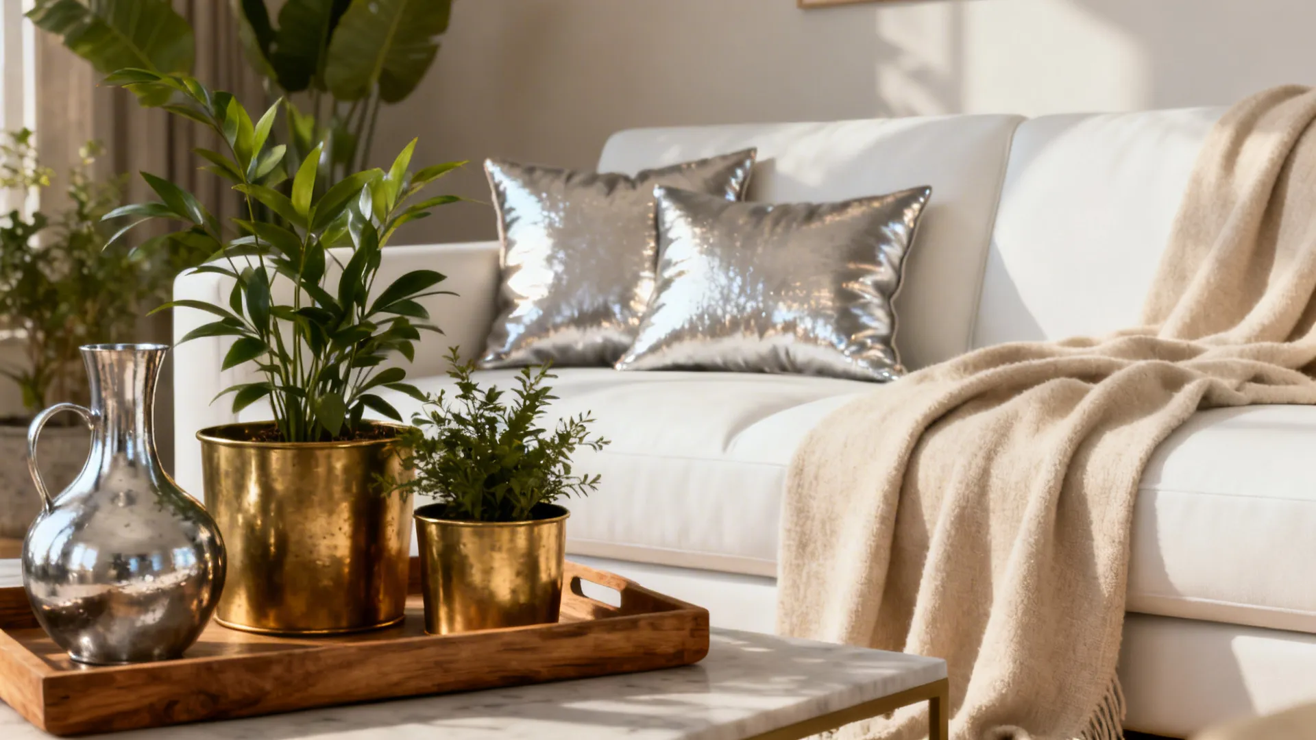 White sofa with beige blanket and silver pillows behind green plants in gold metal pots