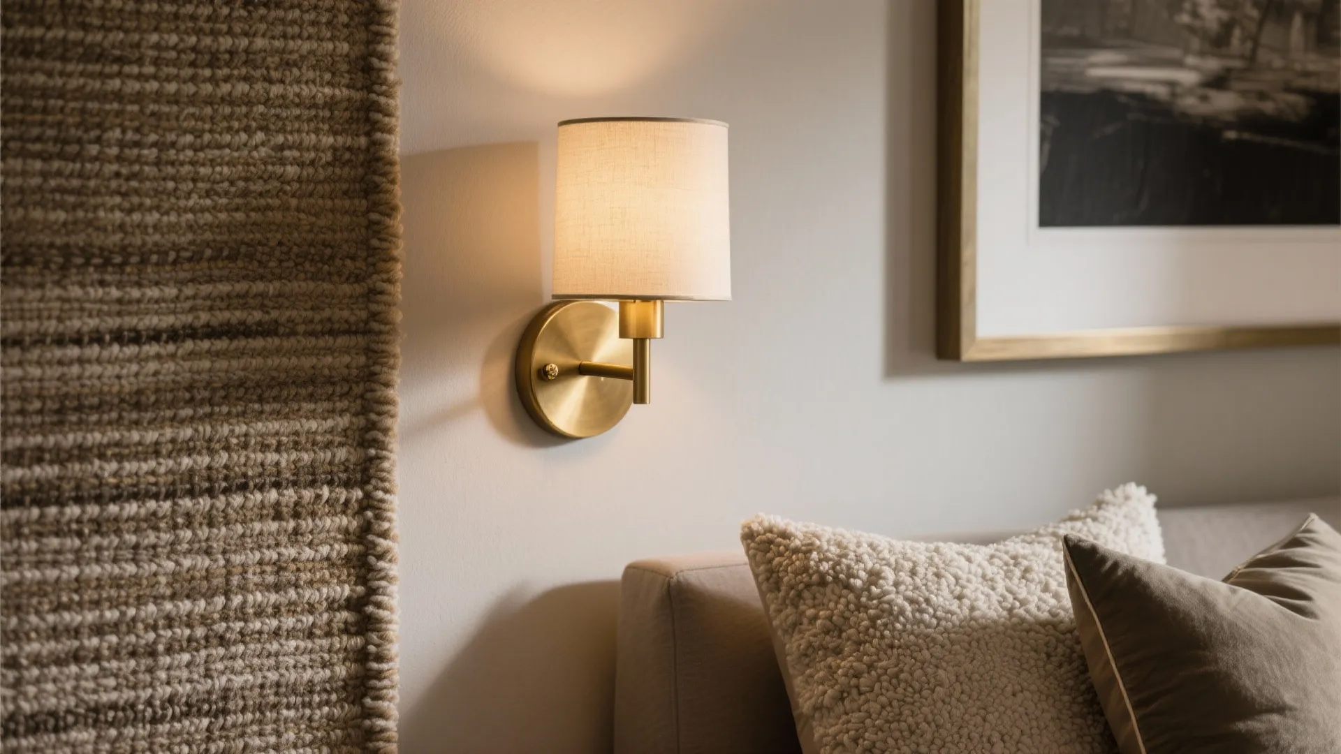 Brass sconce, muted gold lamp base and textured cushions adding subtle luxury.