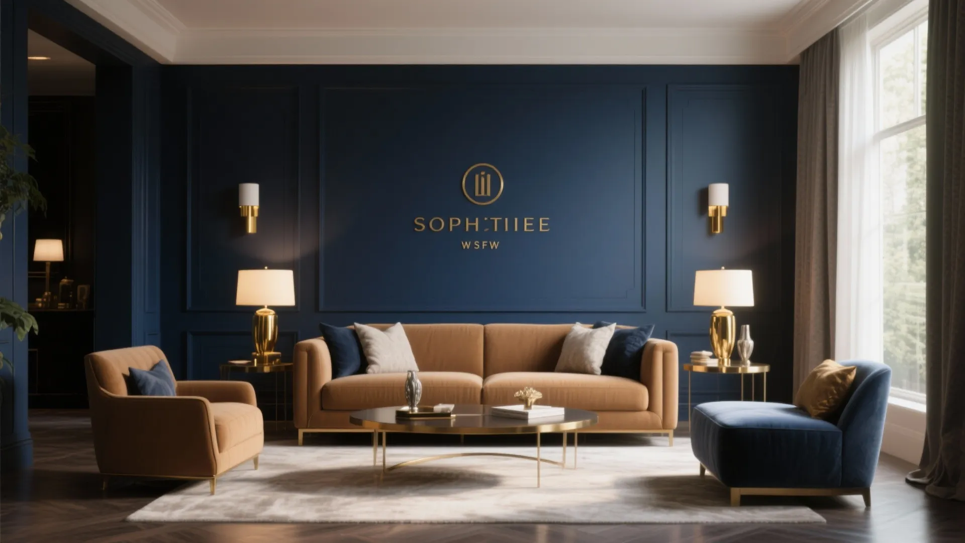 Luxury living room with navy wall panels tan sofa gold wall light and round coffee table