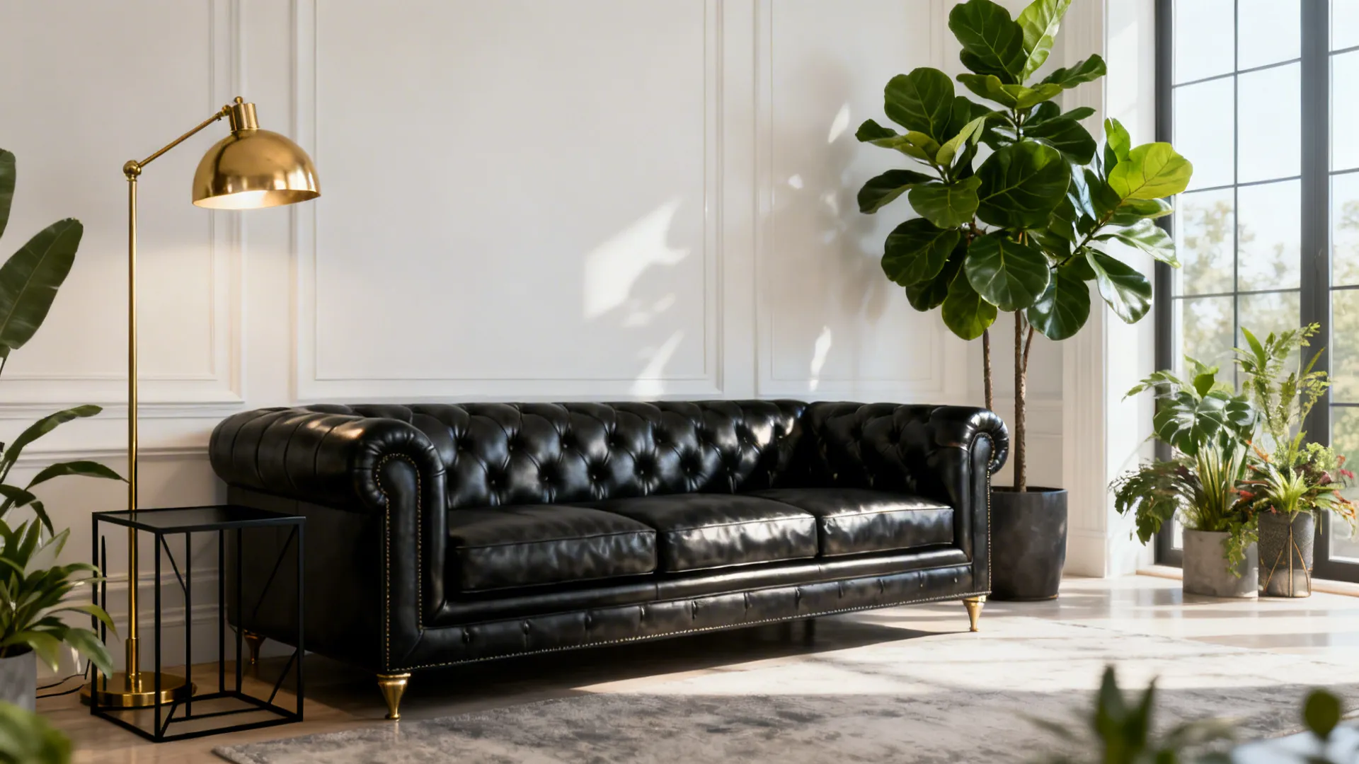 Black leather sofa with brass lighting and tall plants balancing the space