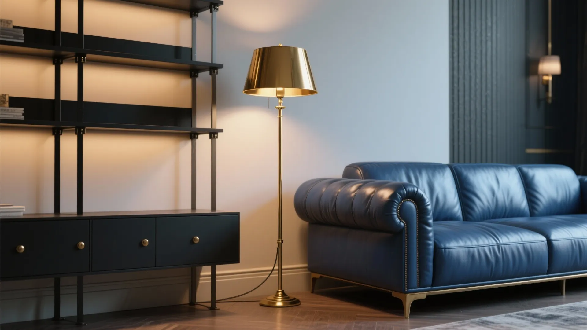 Brass floor lamp and matte black hardware complementing a blue leather sofa