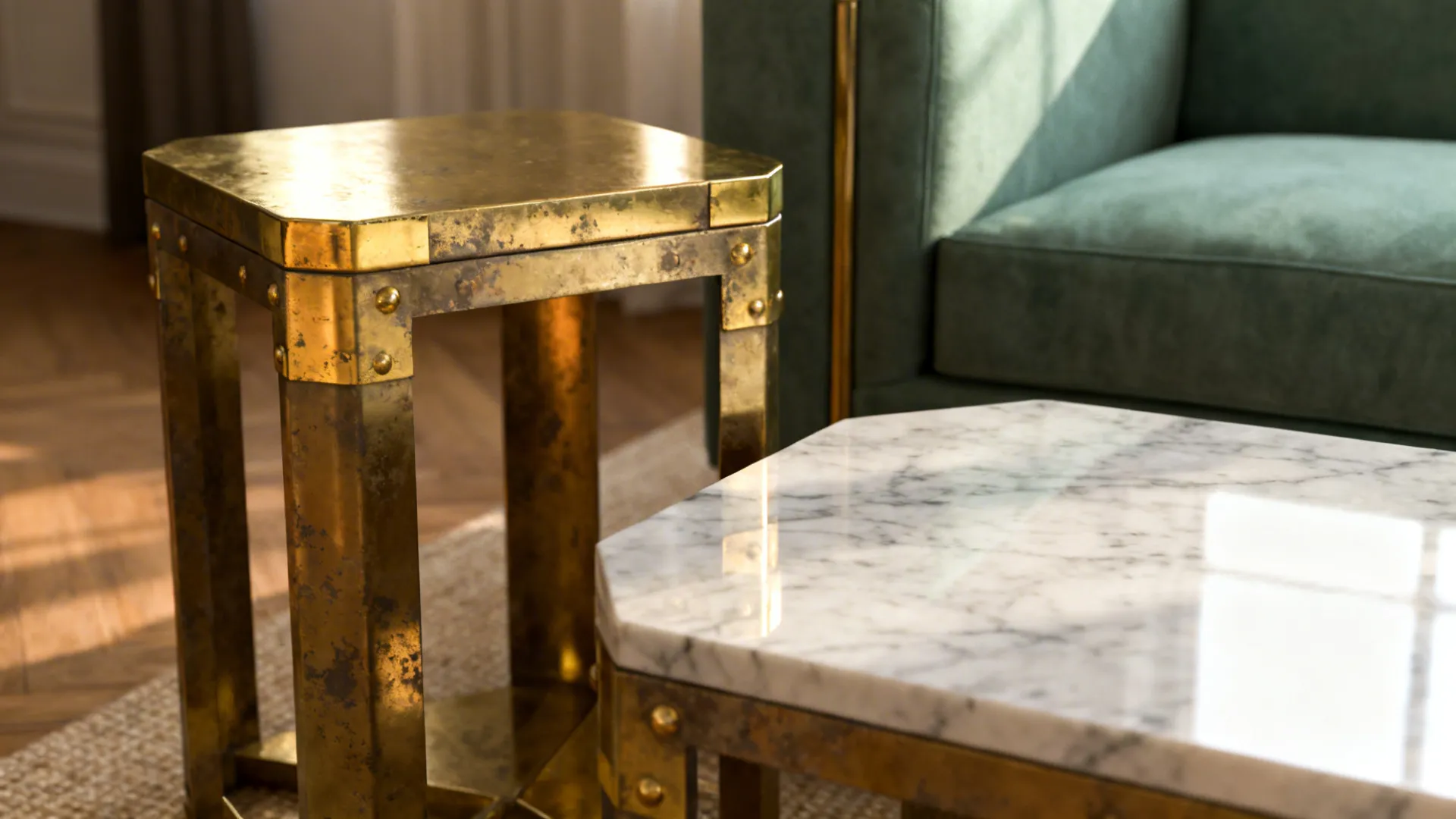 Brass and aged gold side table paired with a marble coffee table beside a sage sofa.