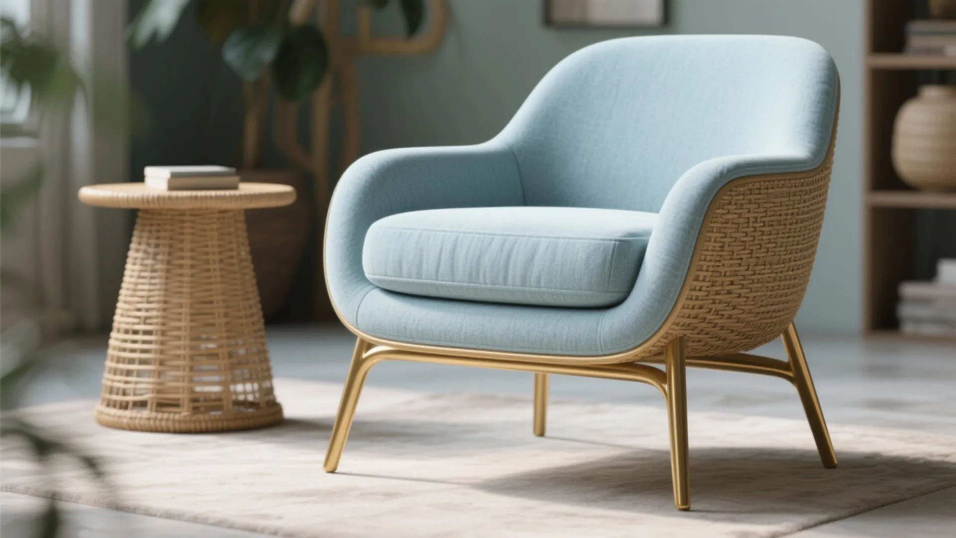 Light blue chair with gold legs and woven back next to small woven side table