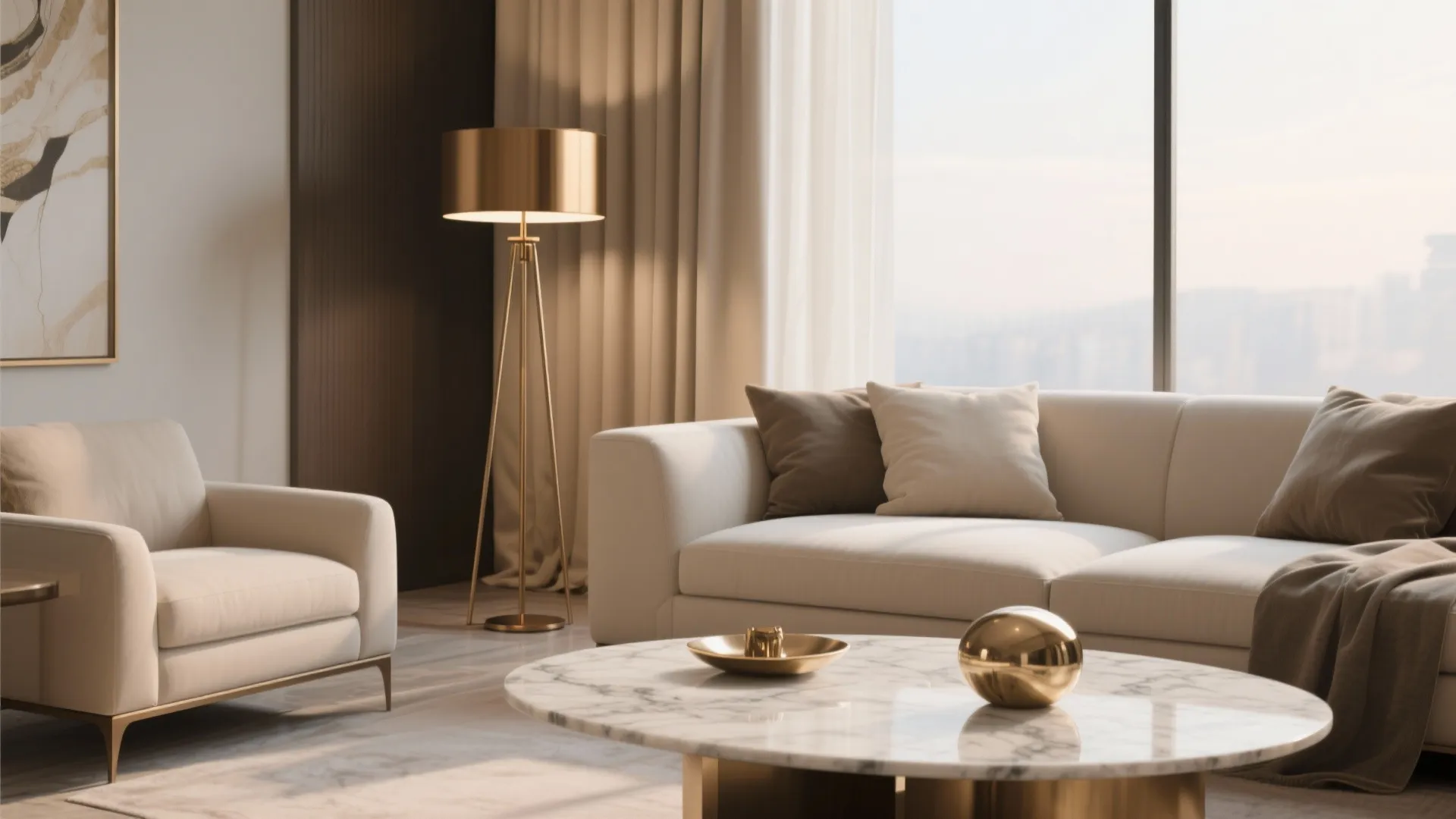 Living room with bronze lamp and beige curtains