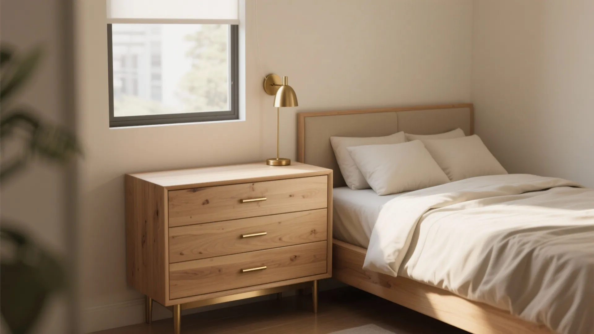 Compact bedroom with light oak furniture and brushed brass hardware against cream walls