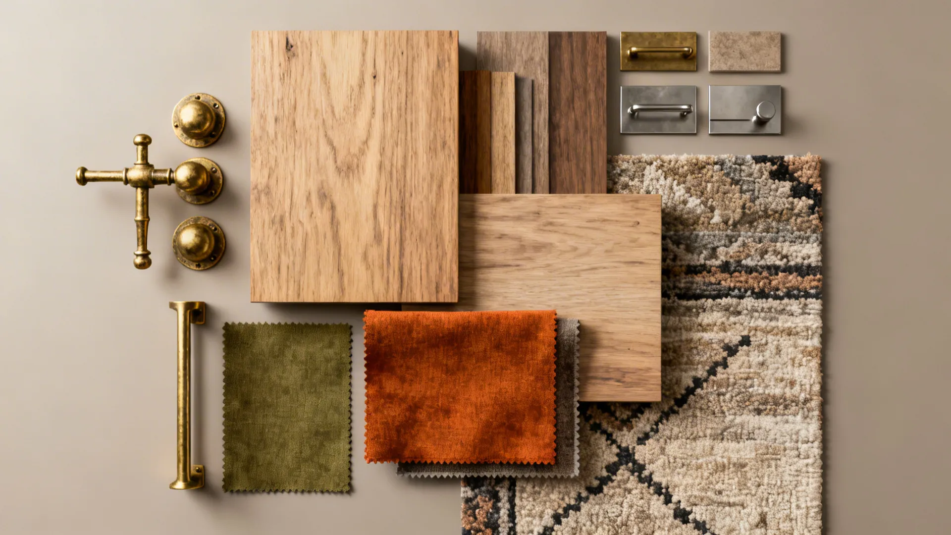 Material flatlay of brass hardware, medium wood samples and olive/burnt orange fabric swatches