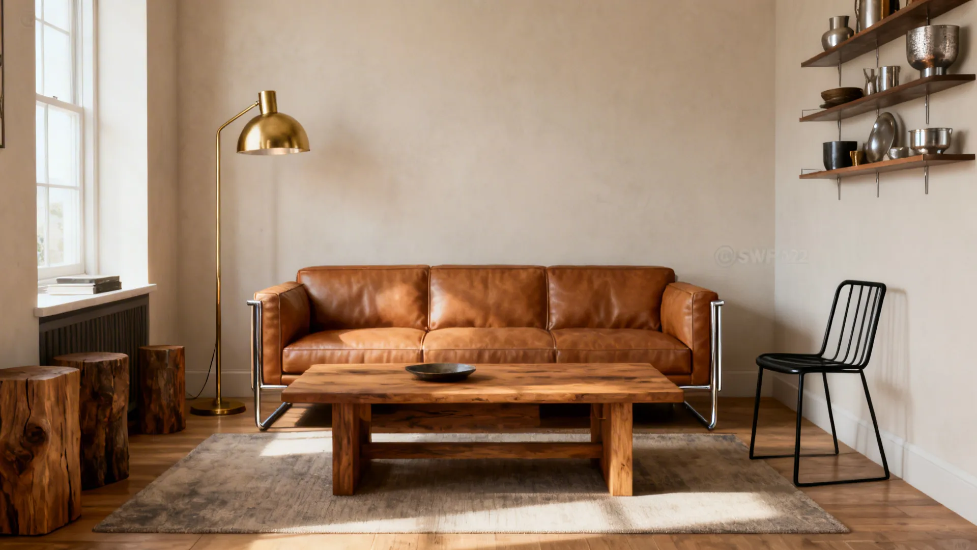 Tan leather sofa with oak coffee table and brass lamp in an eclectic small living room