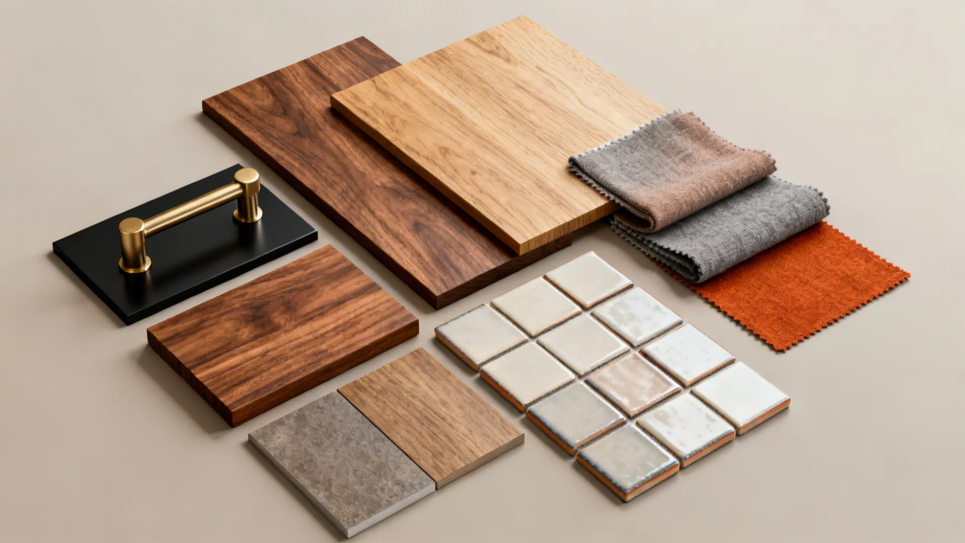 Flatlay of matte black and brass hardware with walnut and oak wood swatches and grey and orange fabrics.