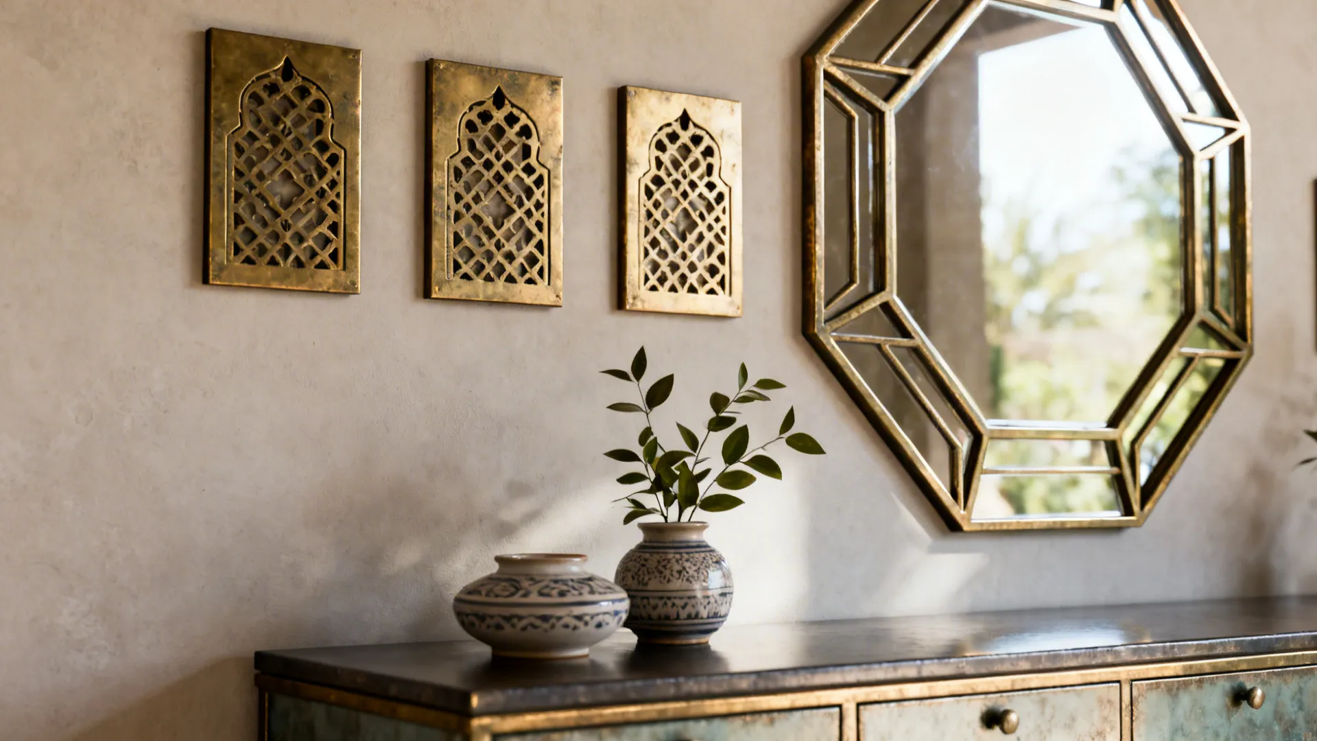 Brass mashrabiya-inspired panels and a geometric-framed mirror above a console, reflecting soft daylight.