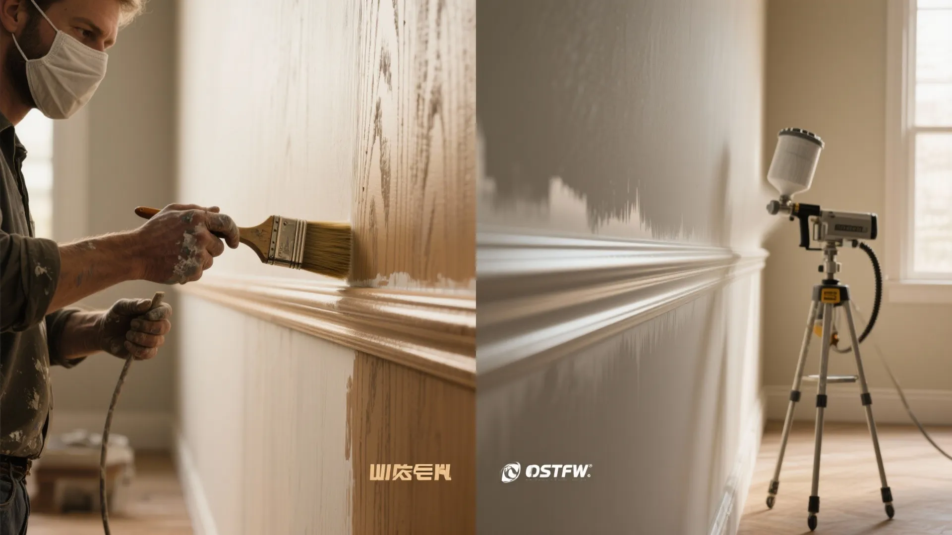 Comparison of manual wall painting with a brush versus using an automated paint spray machine