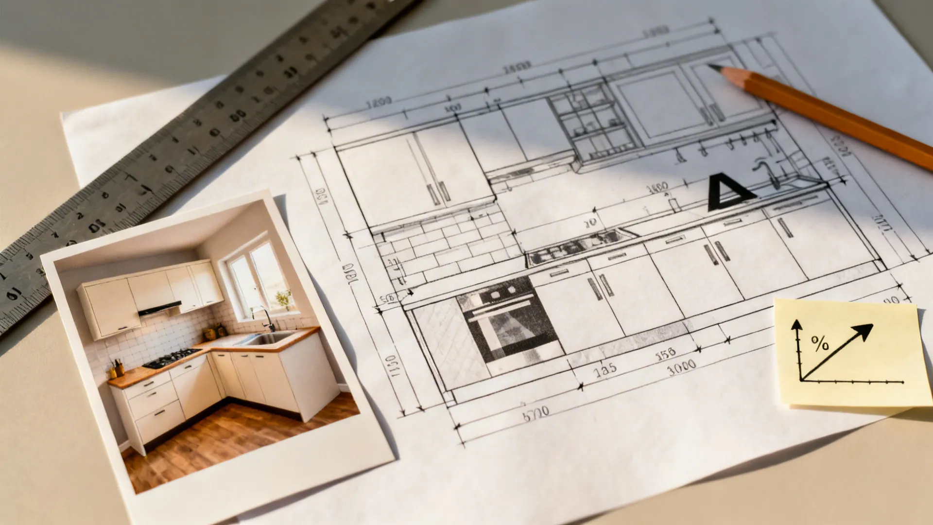Close-up of a kitchen floor plan with dimension lines, ruler, and finished project photo strip.