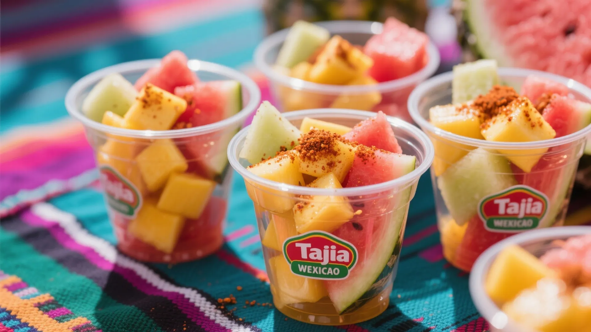 Four plastic cups filled with fresh watermelon and mango chunks topped with spicy chili powder