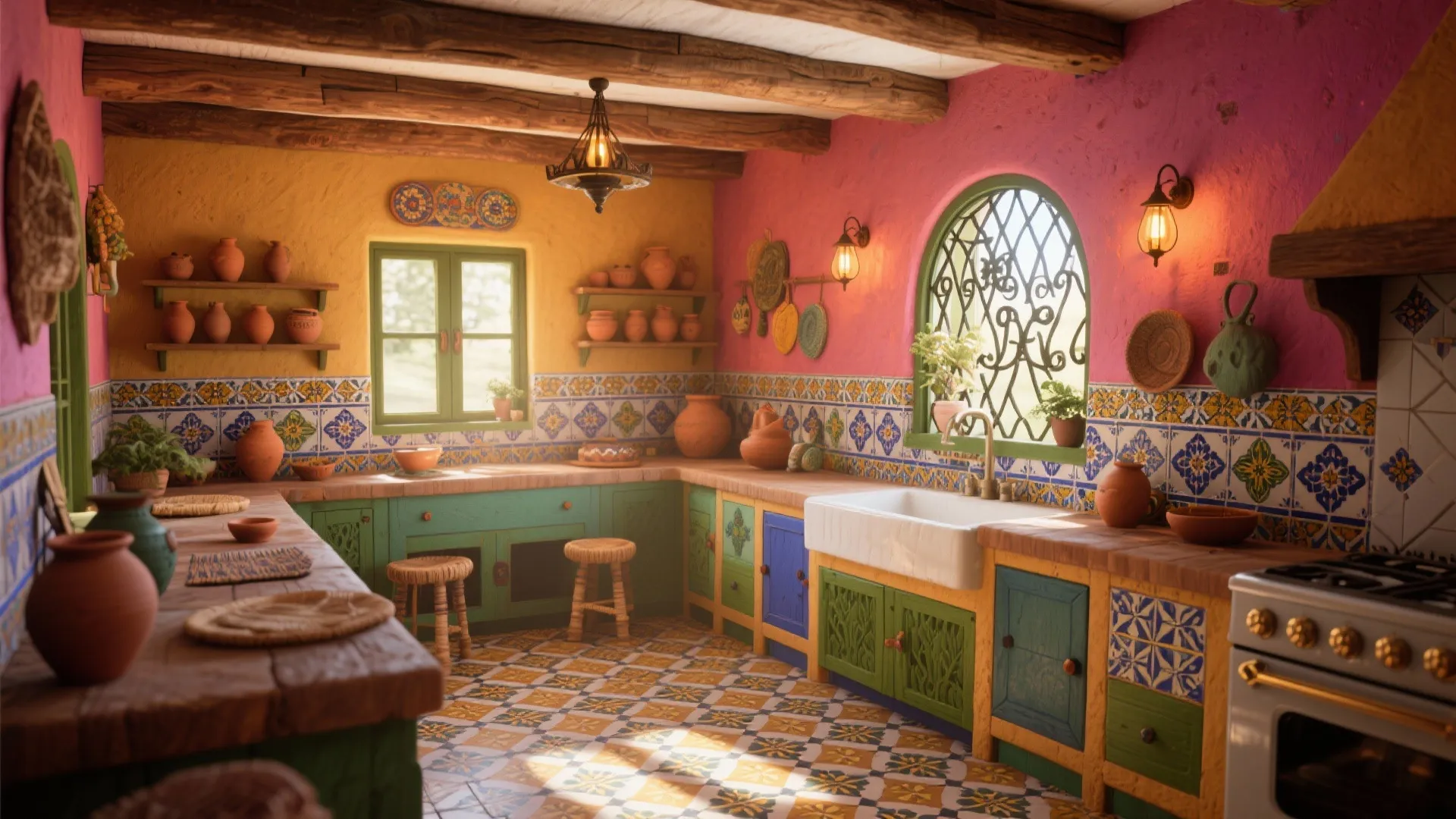 Bright kitchen with pink walls wooden beams green cabinets patterned floor tiles and a white sink