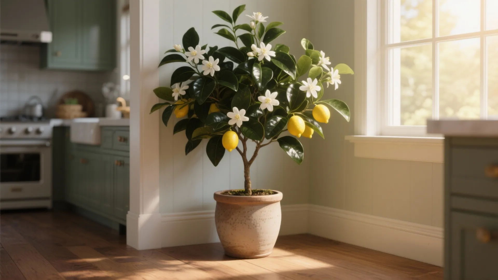 Potted lemon tree with white flowers and yellow fruit standing on wood floor in kitchen