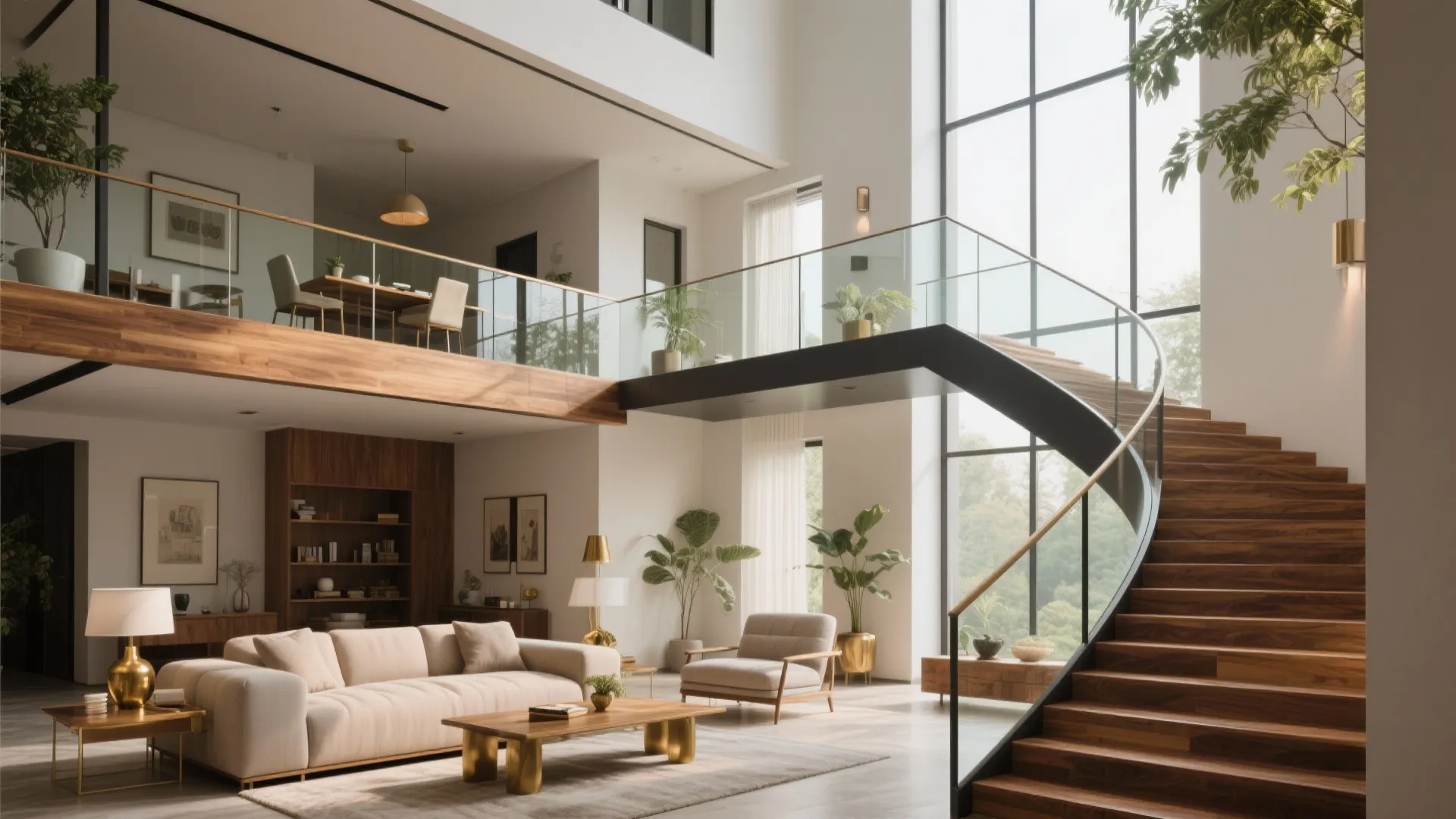 Luxury interior design drawing with wooden stairs leading to a mezzanine floor with dining room furniture